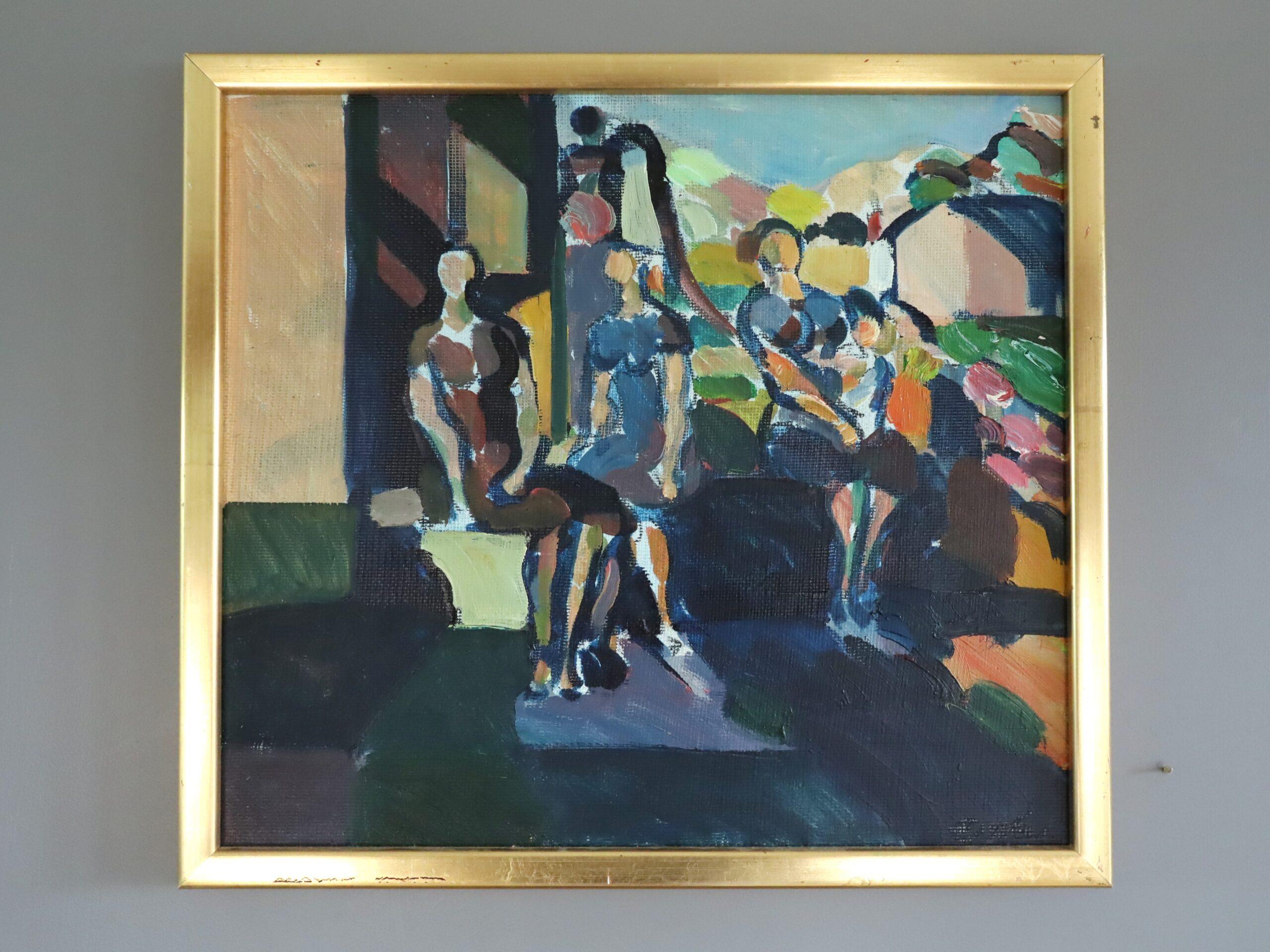 Mid Century Modern Vintage Mini Abstract Portrait Oil Painting -Garden Gathering - Black Figurative Painting by Eric Elfvén