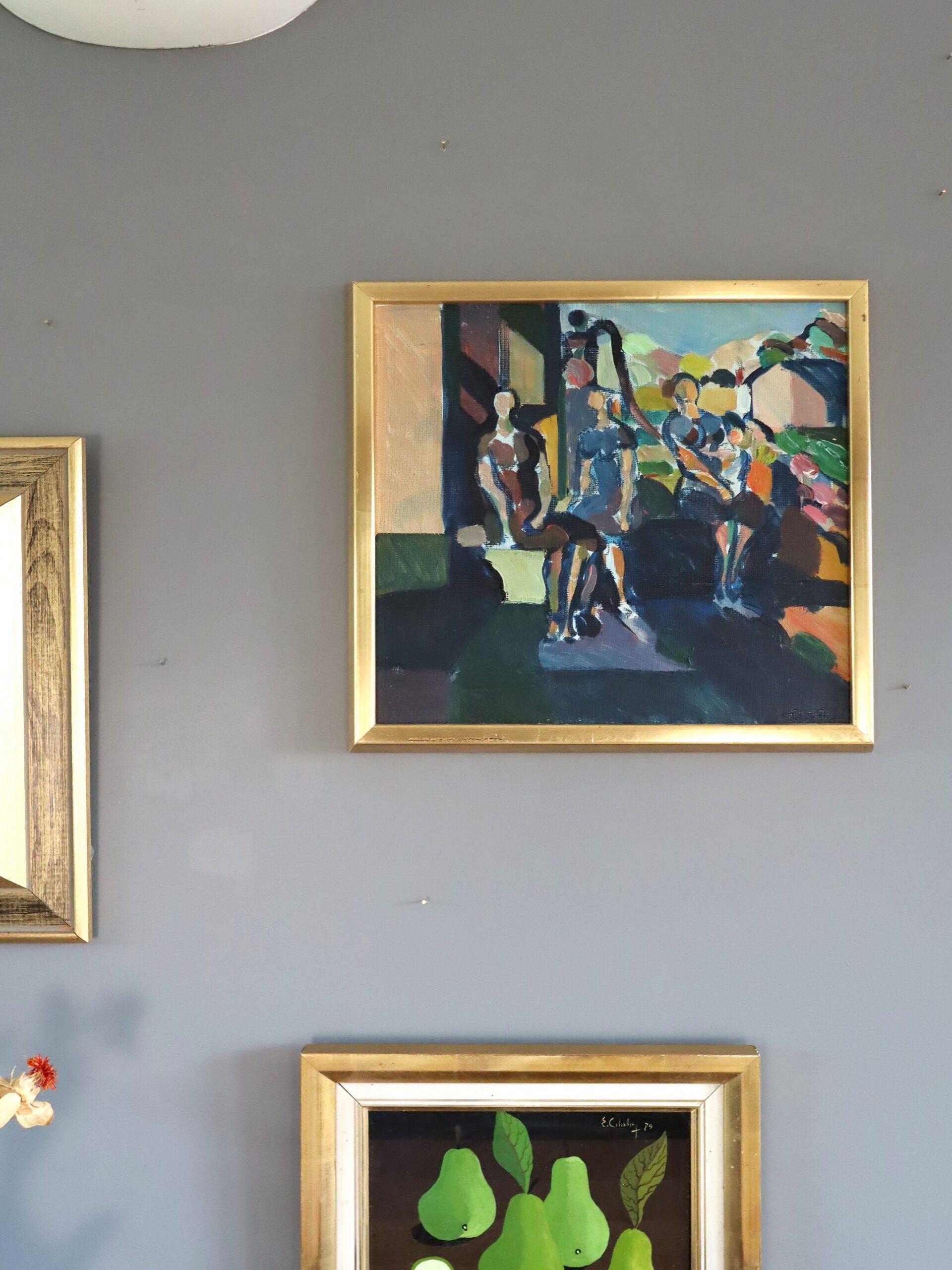 GARDEN GATHERING 
Size: 36.5 x 40.5 cm (including frame)
Oil on board

A lively mid-century modernist oil painting that presents a group of figures gathered in a semi-abstract outdoor scene, by Swedish artist Eric Elfvén (1921–2008), whose works