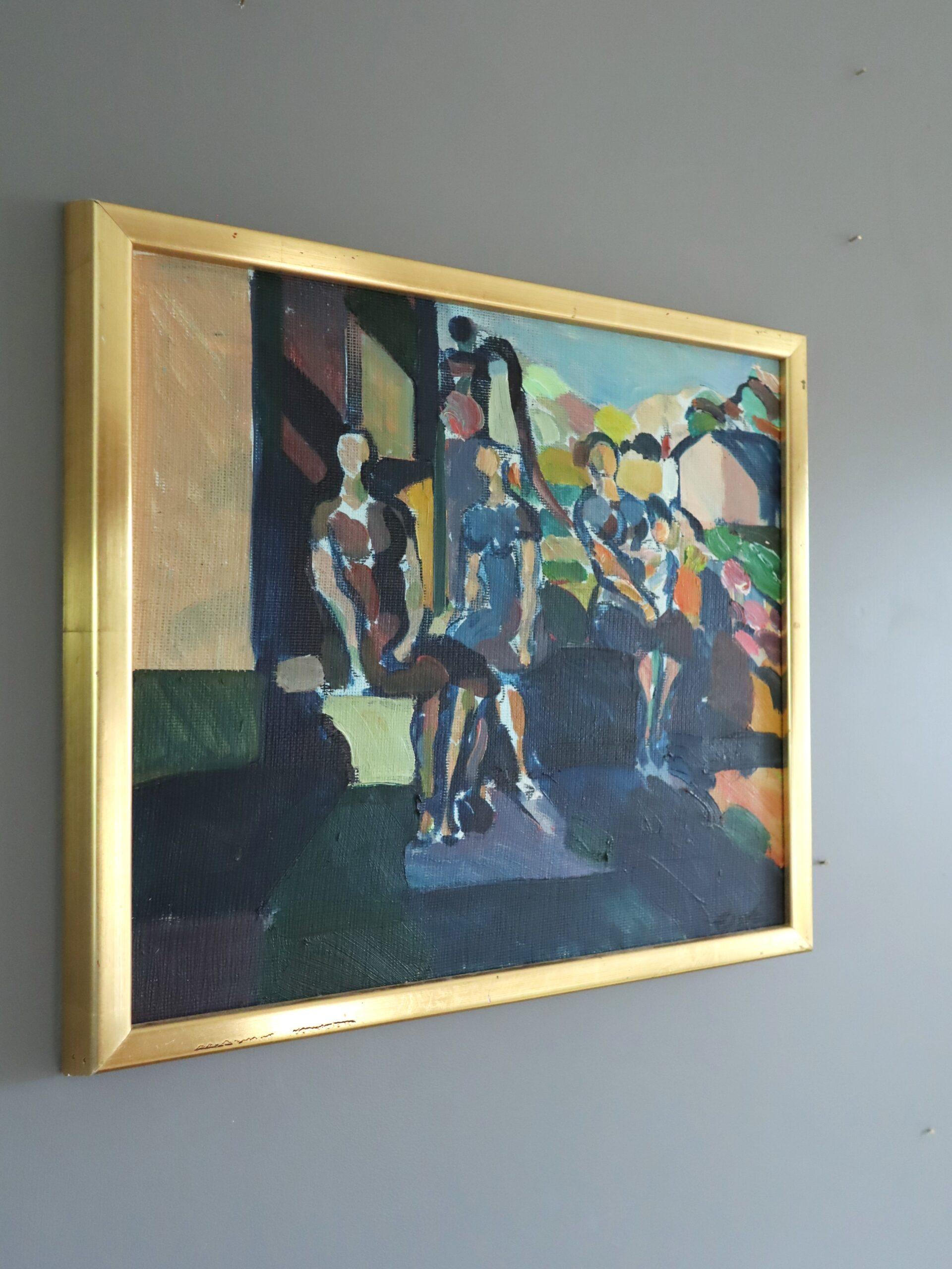 Mid Century Modern Vintage Mini Abstract Portrait Oil Painting -Garden Gathering For Sale 1