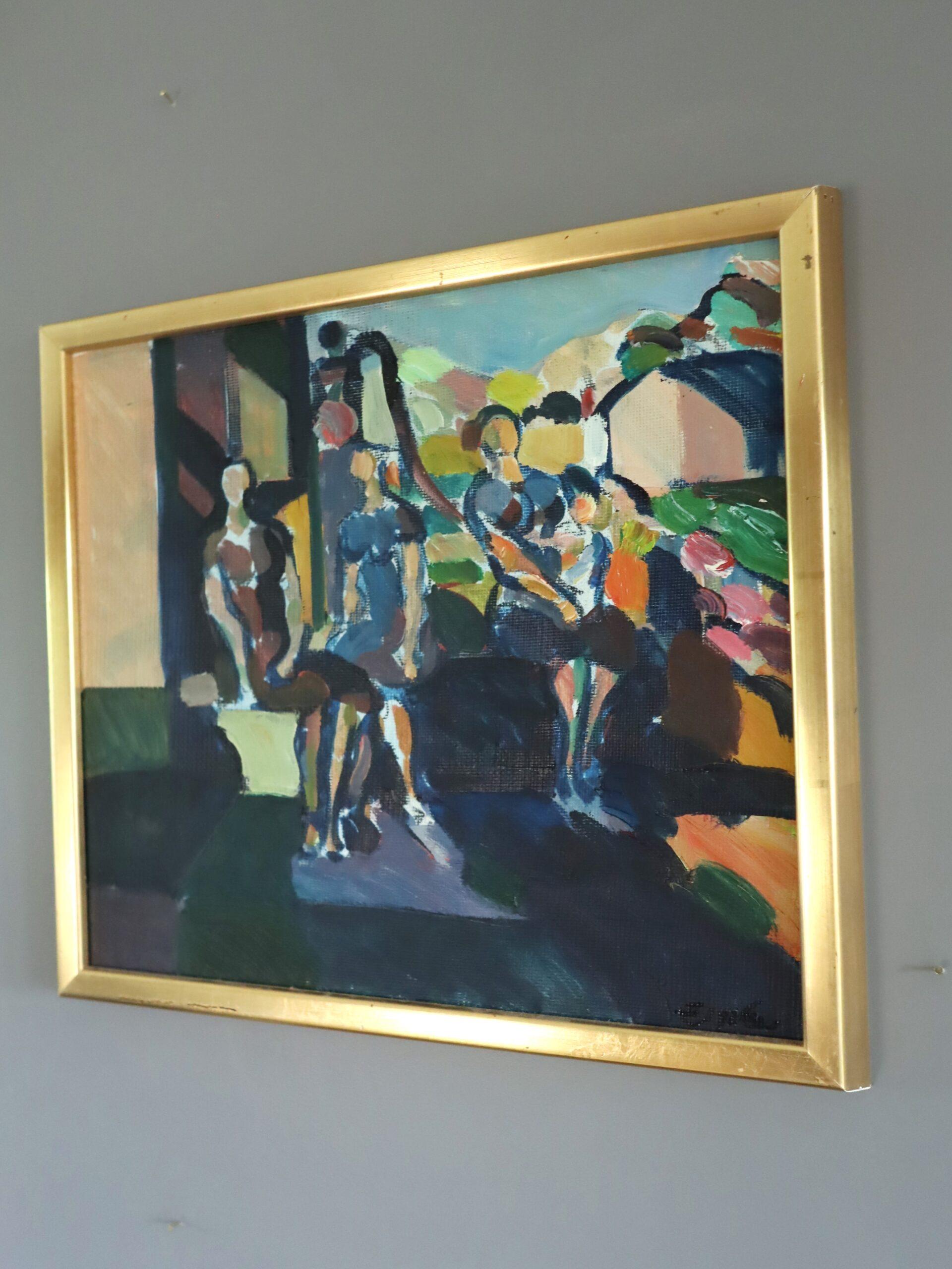 Mid Century Modern Vintage Mini Abstract Portrait Oil Painting -Garden Gathering For Sale 2