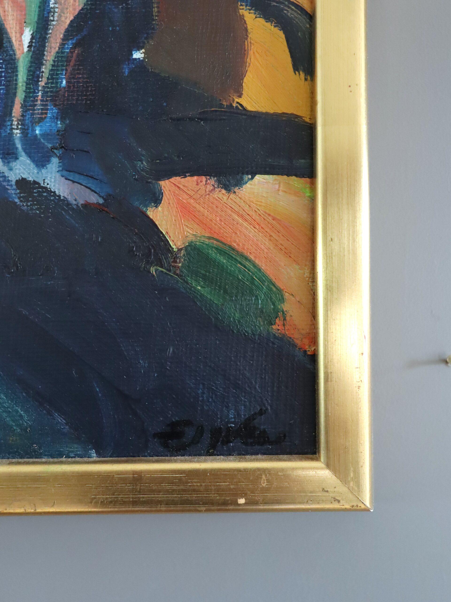 Mid Century Modern Vintage Mini Abstract Portrait Oil Painting -Garden Gathering For Sale 4