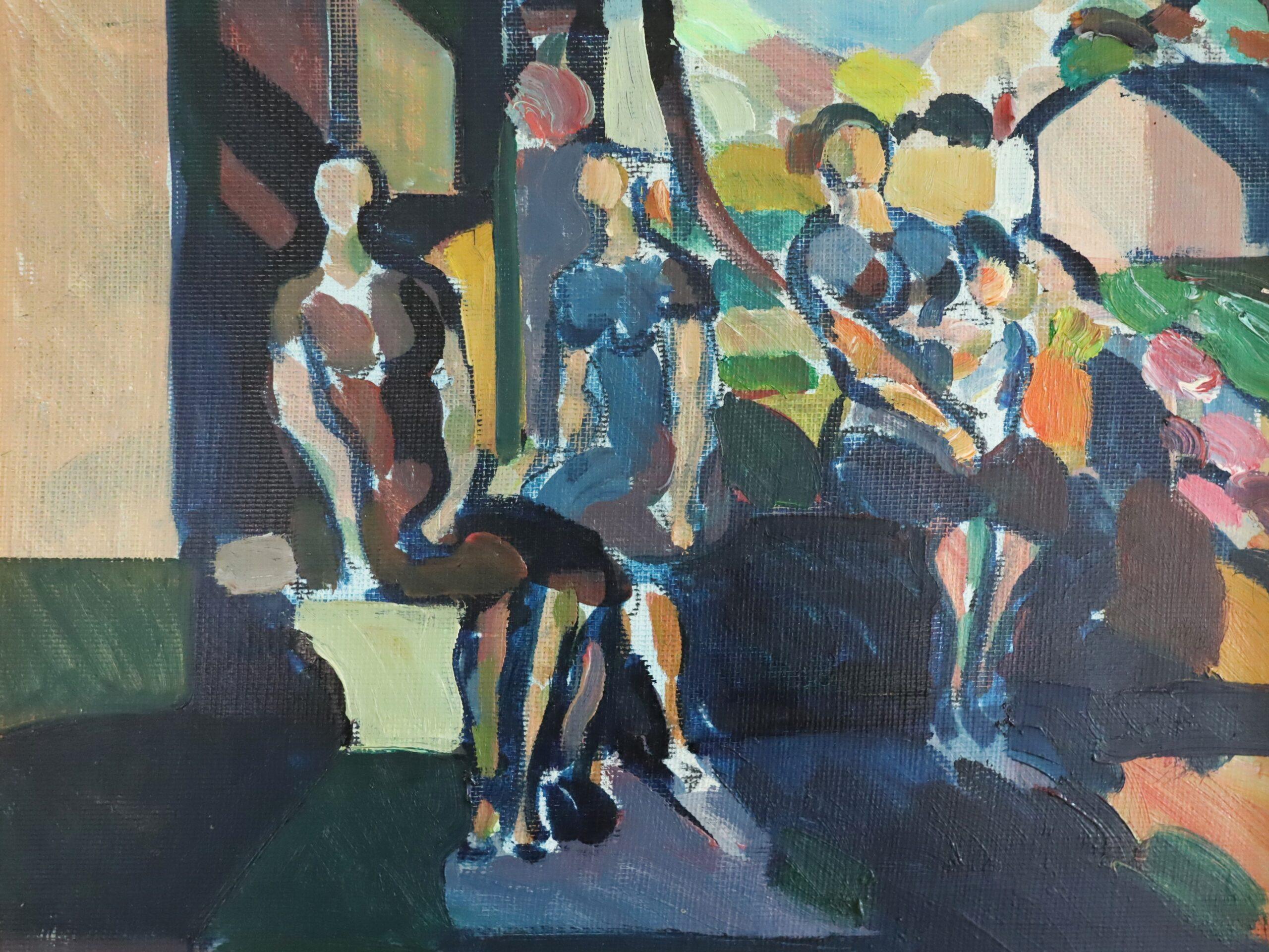 Mid Century Modern Vintage Mini Abstract Portrait Oil Painting -Garden Gathering For Sale 5