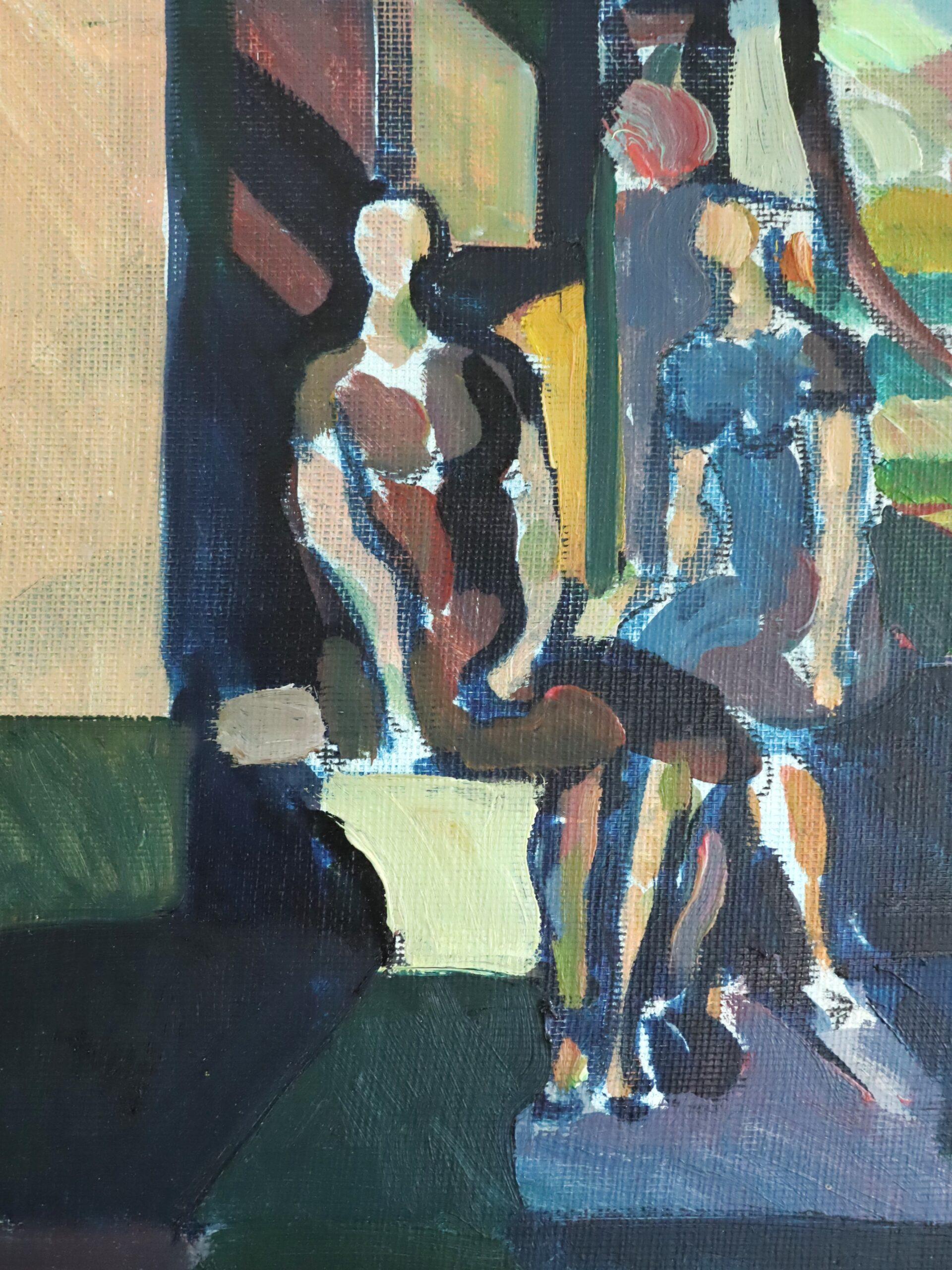 Mid Century Modern Vintage Mini Abstract Portrait Oil Painting -Garden Gathering For Sale 6