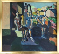 Mid Century Modern Vintage Mini Abstract Portrait Ölgemälde -Garden Gathering