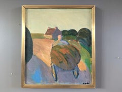 Mid Century Modern Vintage Original Landscape Oil Painting - Carting Hay