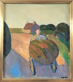 Mid Century Modern Vintage Original Landscape Oil Painting - Carting Hay