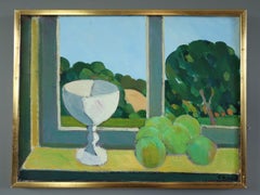 Mid Century Modern Vintage Original Still Life Oil Painting - Interior & View