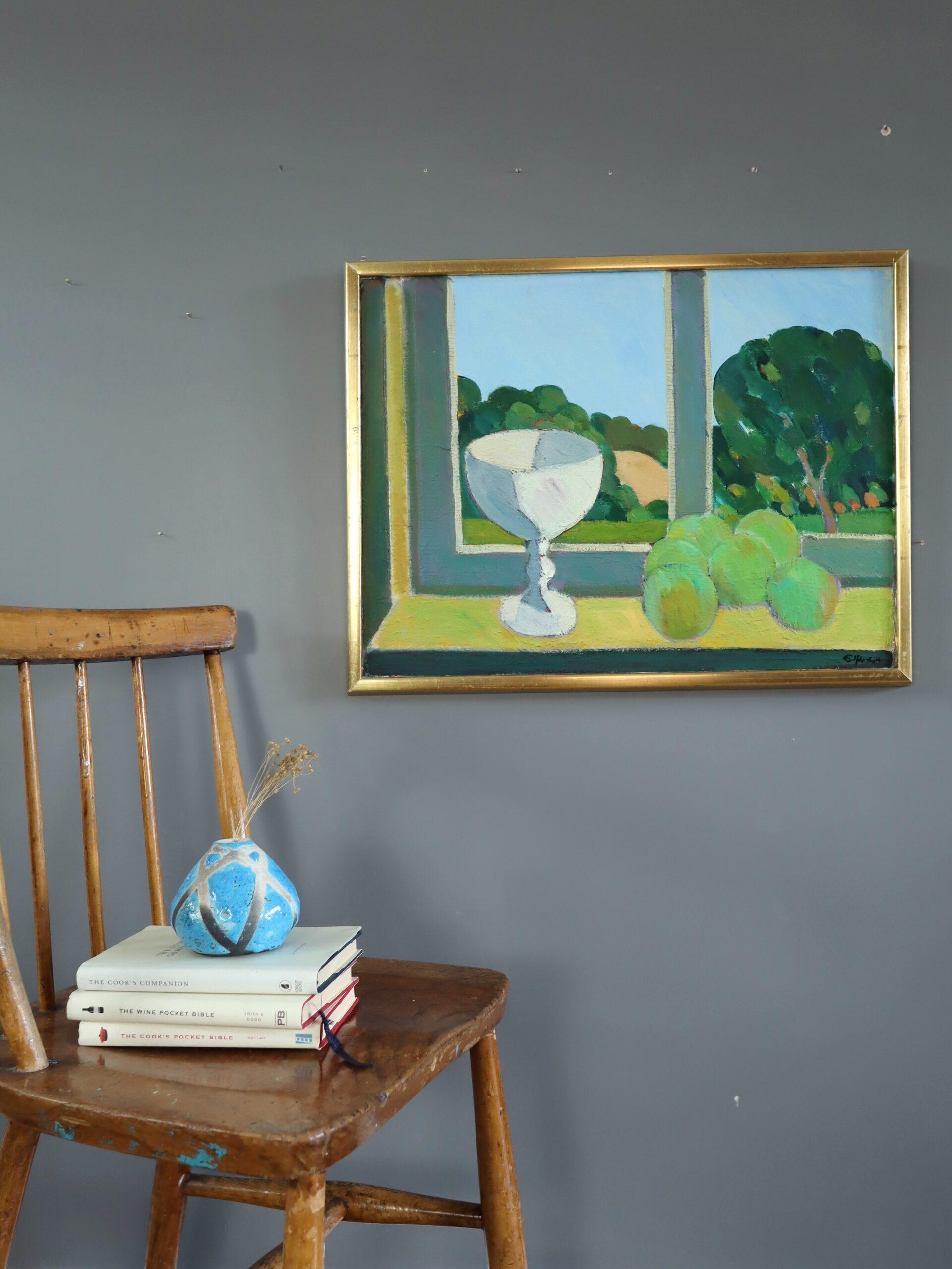 Pittura ad olio originale di una natura morta del Medioevo moderno e d'epoca - Interno e vista - Painting Moderno di Eric Elfvén