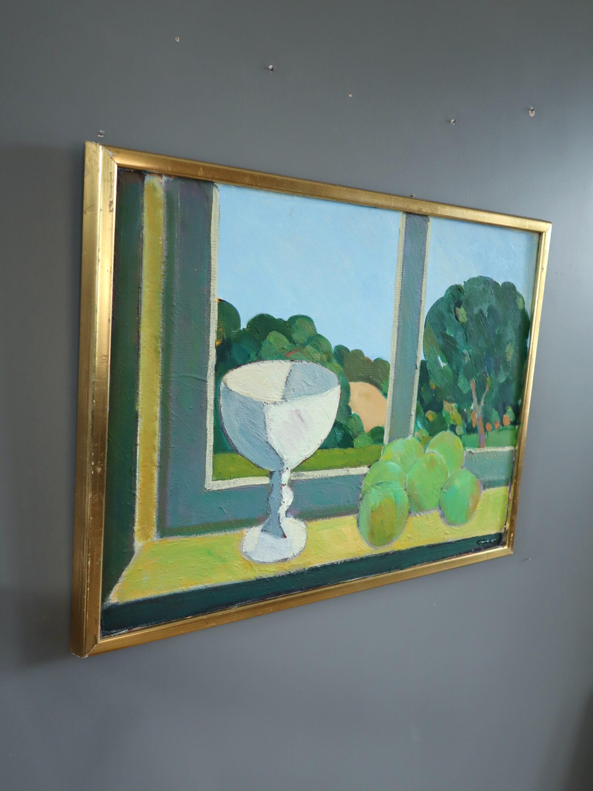 Pittura ad olio originale di una natura morta del Medioevo moderno e d'epoca - Interno e vista - Still-Life Painting Grigio di Eric Elfvén