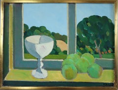 Mid Century Modern Vintage Original Still Life Oil Painting - Interior & View