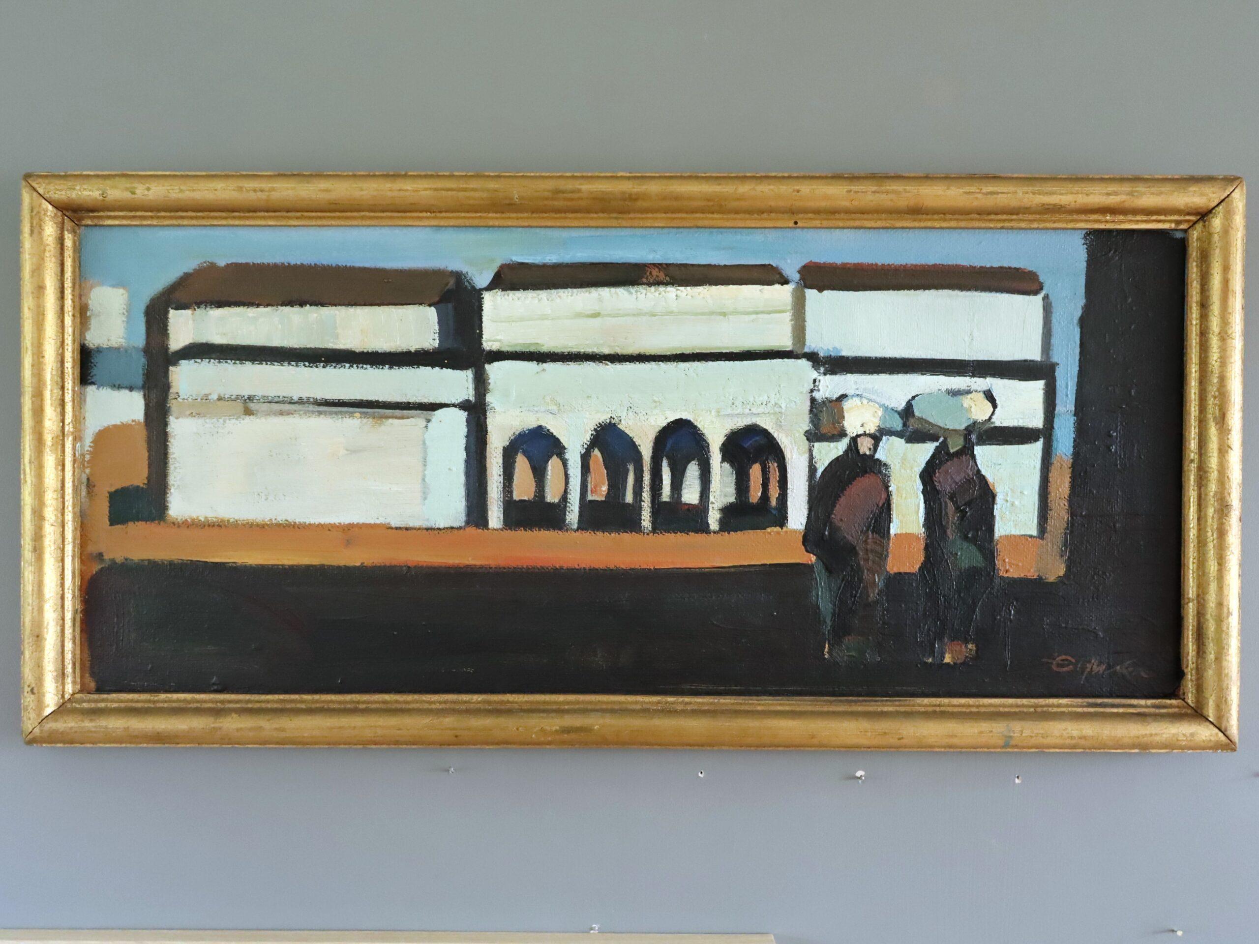 Peinture à l'huile de paysage de scène de rue vintage mi-siècle moderne - By the Arches - Painting de Eric Elfvén