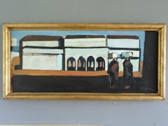 Mid Century Modern Vintage Street Scene Landscape Oil Painting - By the Arches