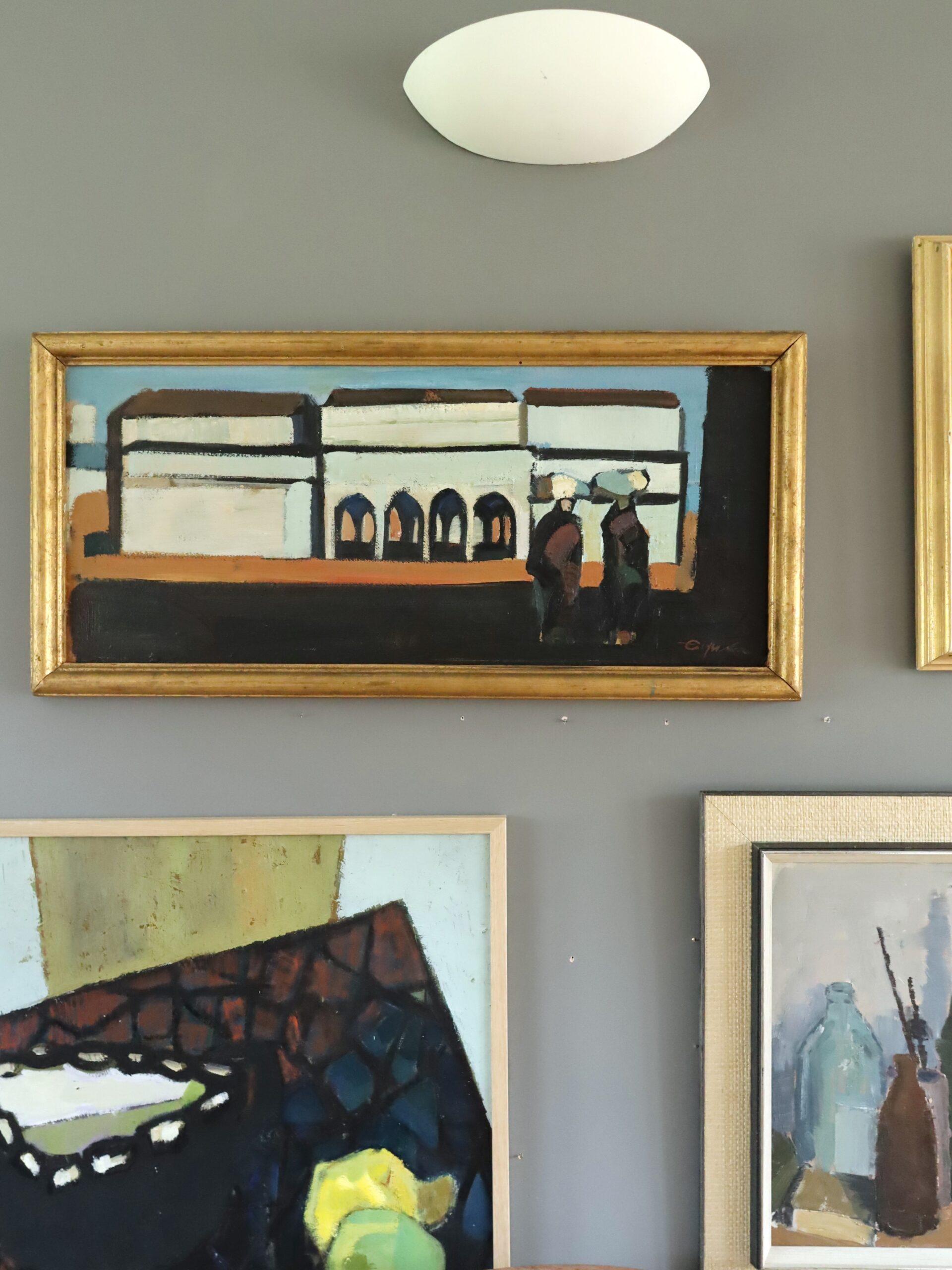 Peinture à l'huile de paysage de scène de rue vintage mi-siècle moderne - By the Arches - Moderne Painting par Eric Elfvén