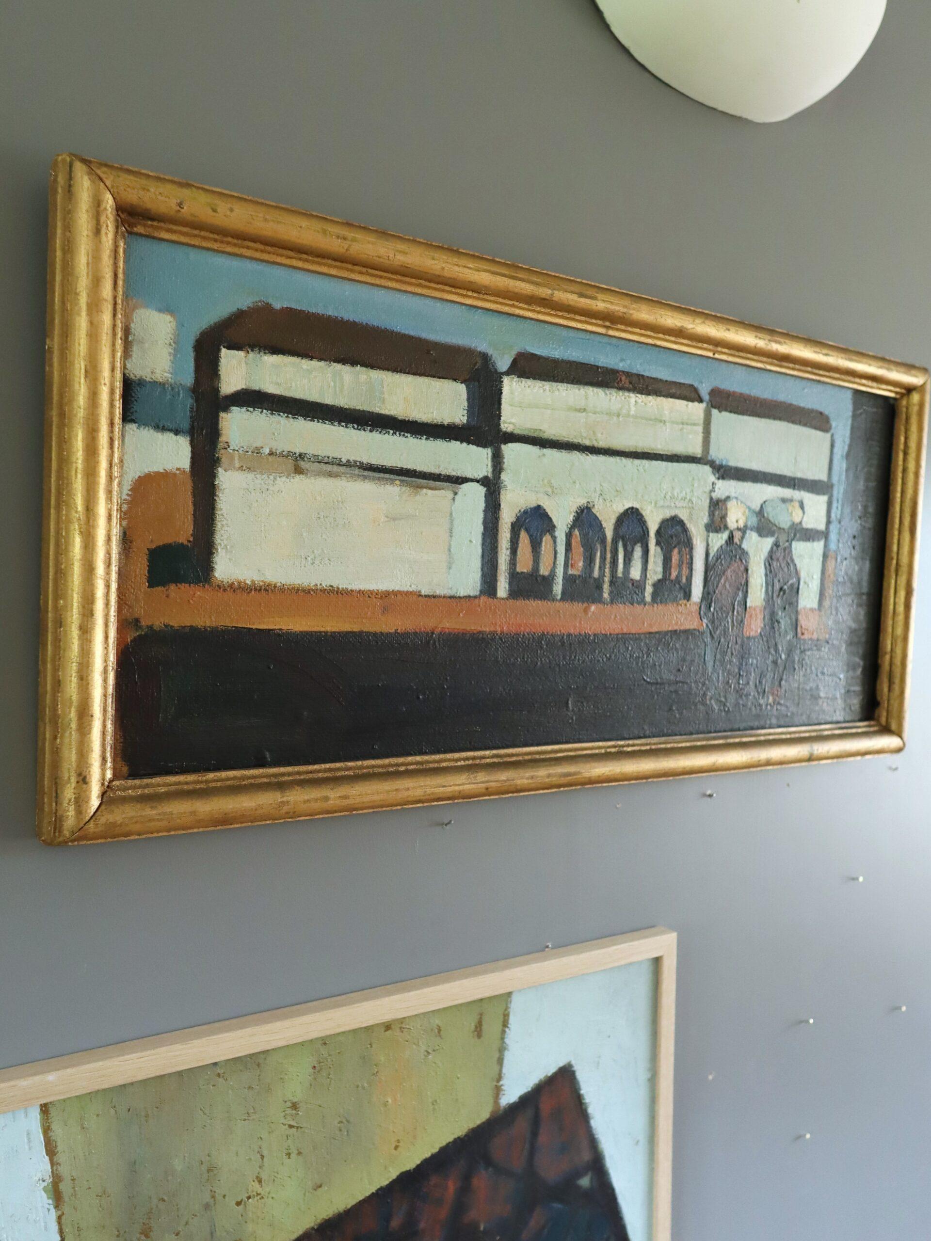 Peinture à l'huile de paysage de scène de rue vintage mi-siècle moderne - By the Arches - Marron Landscape Painting par Eric Elfvén
