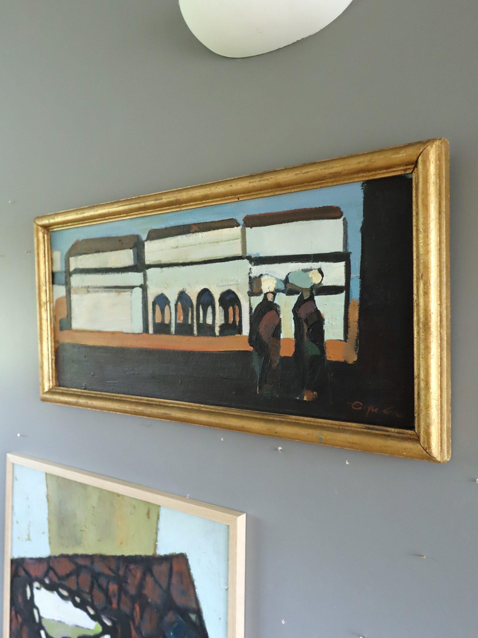 PAR LES ARCHES
Dimensions : 36,5 x 76 cm (cadre compris)
Huile sur carton

Une composition moderniste du milieu du siècle à l'huile, peinte sur carton, de l'artiste suédois Eric Elfvén (1921-2008), dont les œuvres ont été exposées dans des
