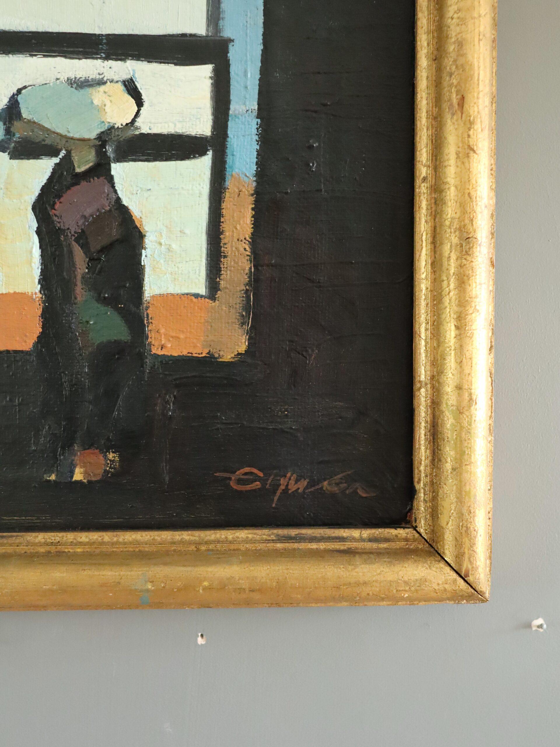 Peinture à l'huile de paysage de scène de rue vintage mi-siècle moderne - By the Arches en vente 2