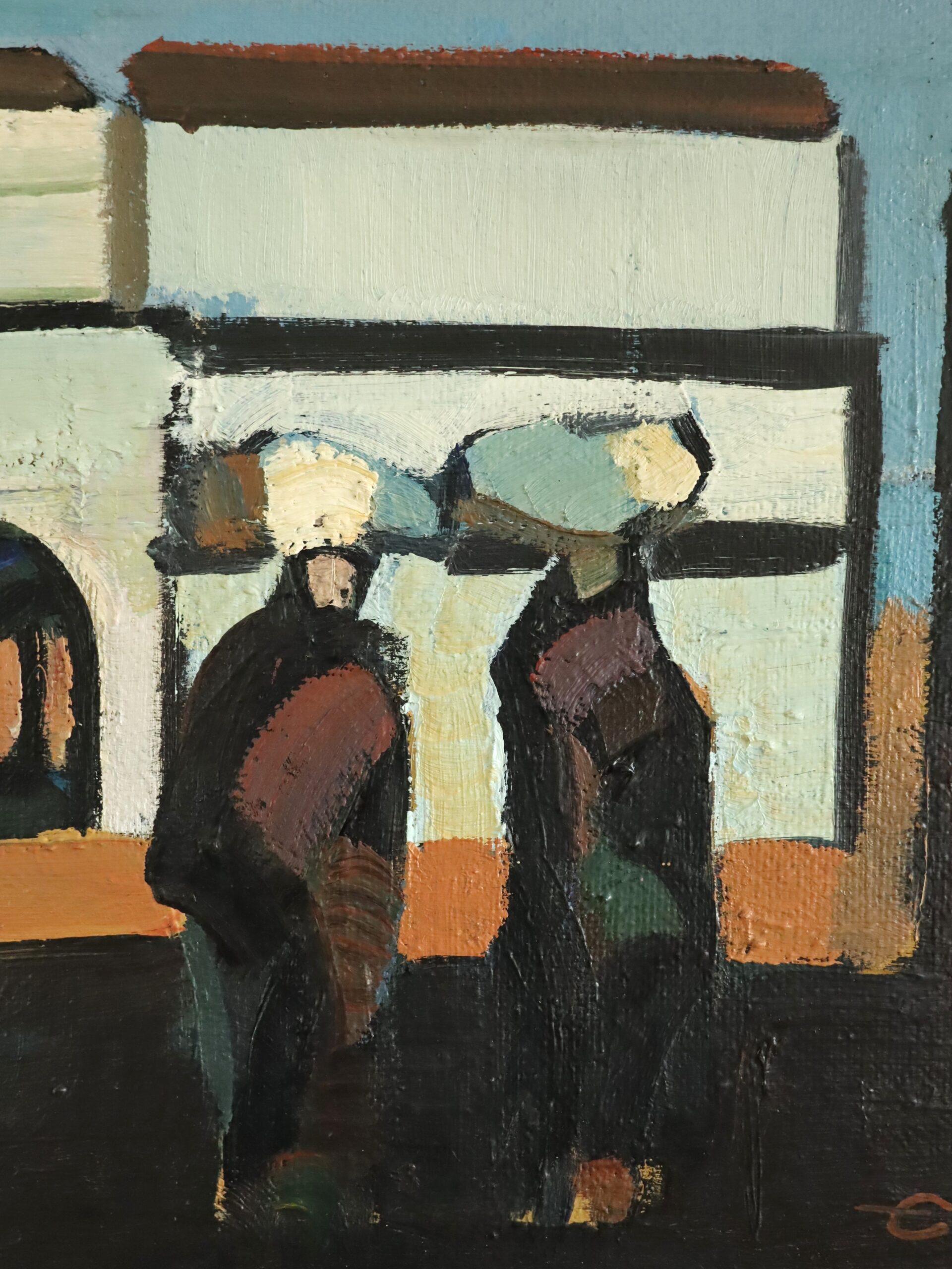 Peinture à l'huile de paysage de scène de rue vintage mi-siècle moderne - By the Arches en vente 3
