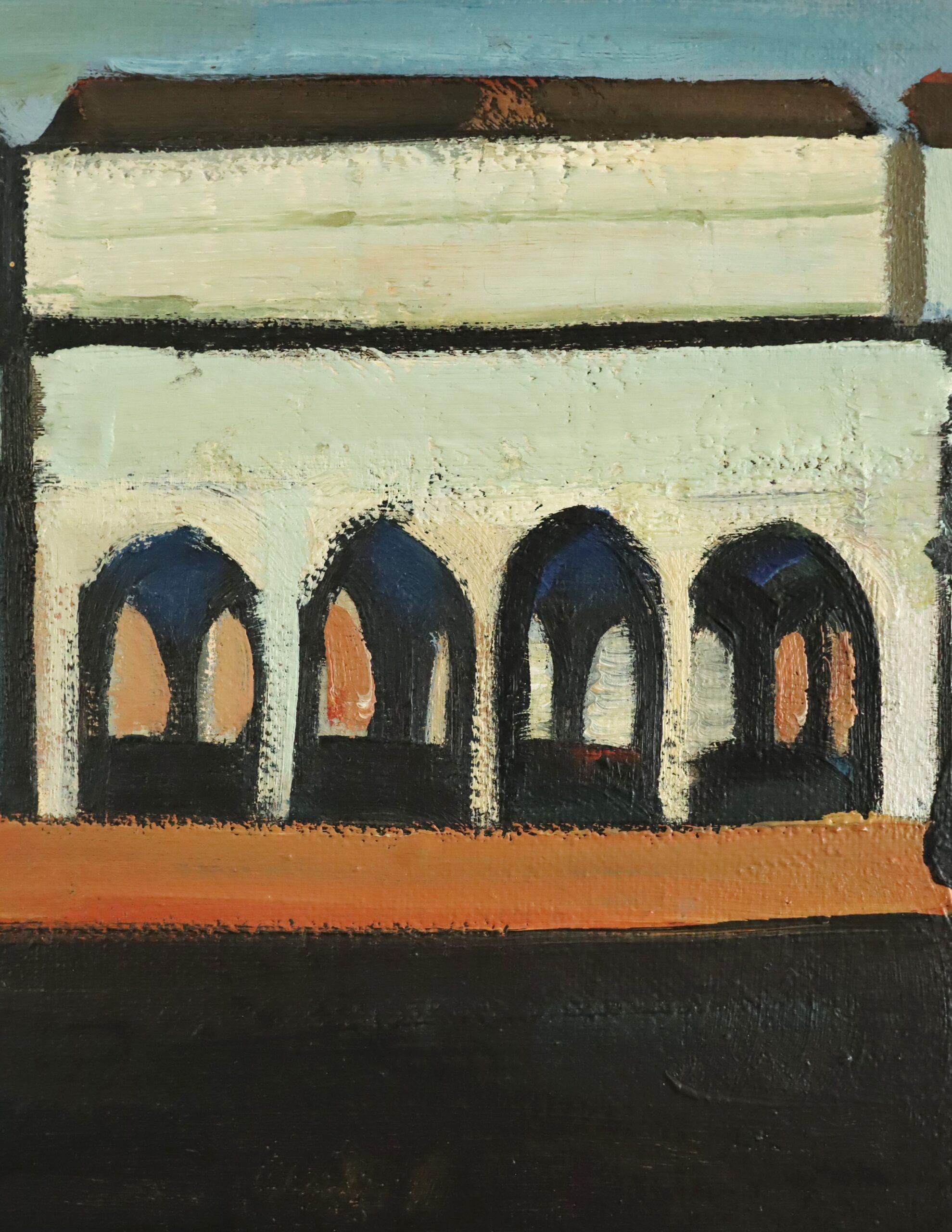 Peinture à l'huile de paysage de scène de rue vintage mi-siècle moderne - By the Arches en vente 4