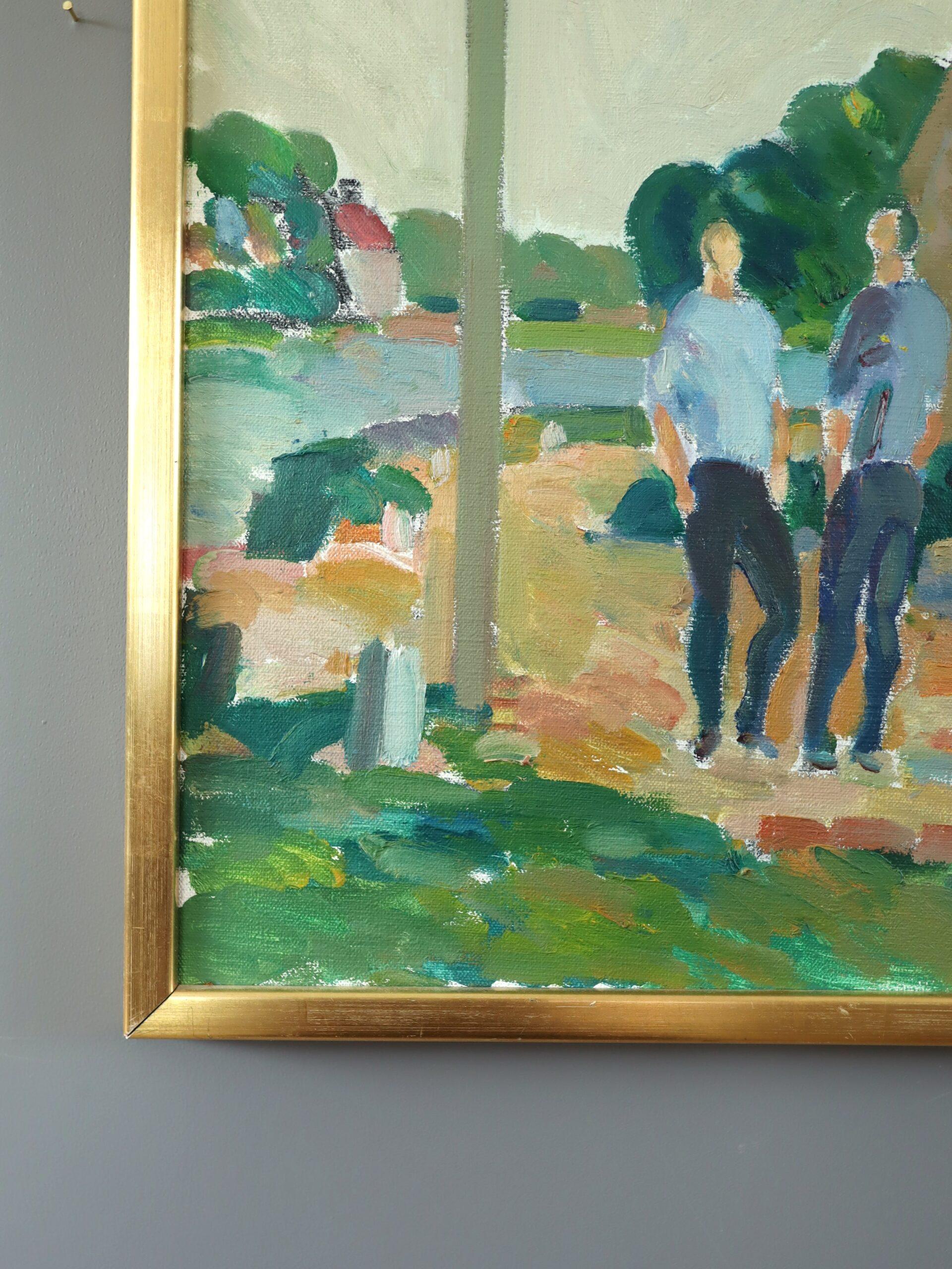 Pittura ad olio di paesaggio svedese d'epoca - Passeggiata pomeridiana in vendita 3