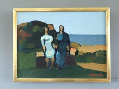 Mini pintura al óleo de paisaje abstracto sueco de mediados de siglo - Banco junto al mar