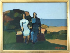 Mini pintura al óleo de paisaje abstracto sueco de mediados de siglo - Banco junto al mar