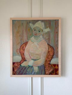 Swedish Portrait of a Woman in a Dutch Hat, Signed Original Oil Painting, 1940s