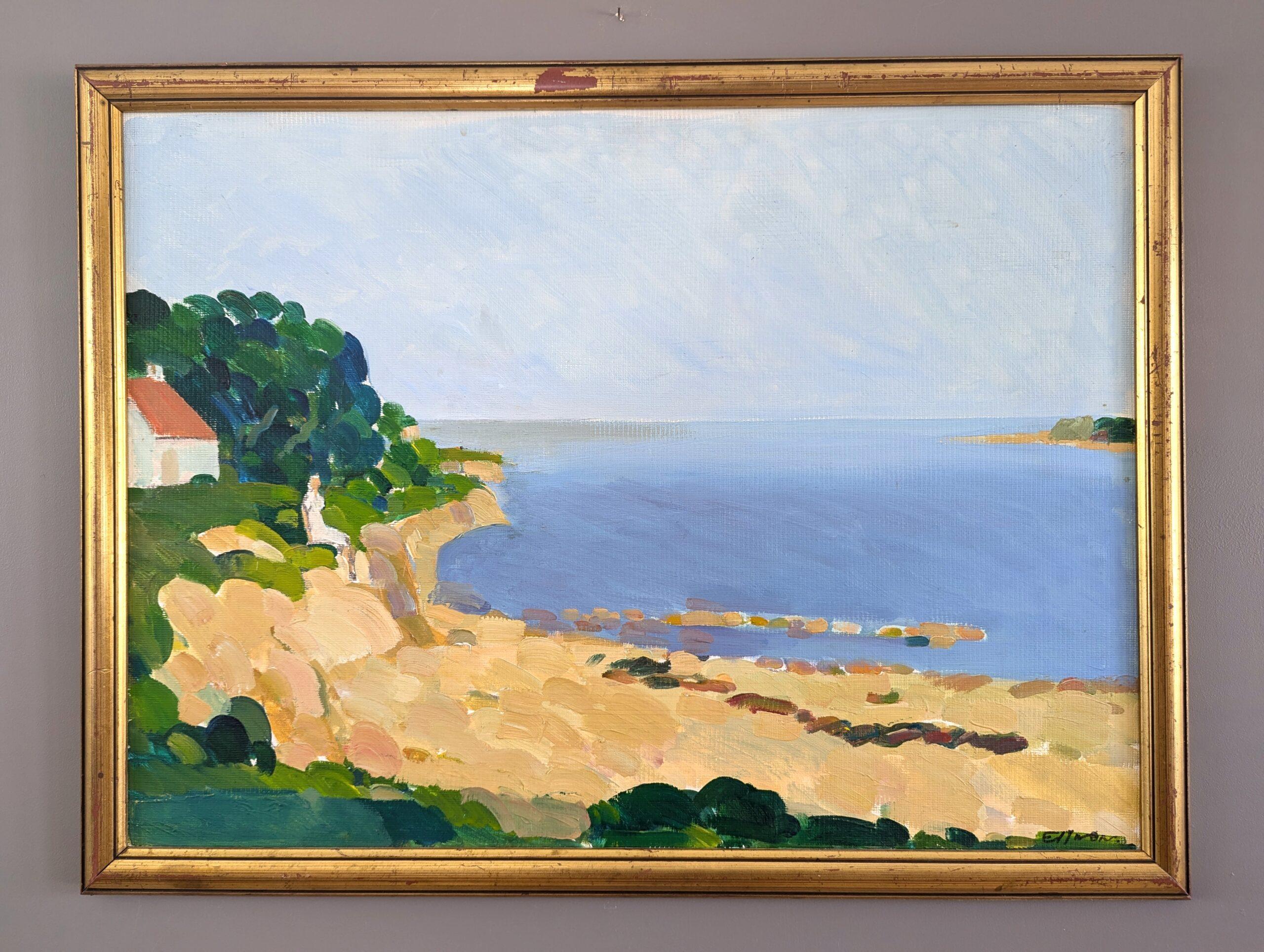 MOMENTS WITH THE SEA
Size: 50 x 66 cm (including frame)
Oil on Board

A charming and picturesque mid-century coastal landscape composition, executed in oil onto board by the established Swedish artist Eric Elfvén (1921–2008), whose works have been