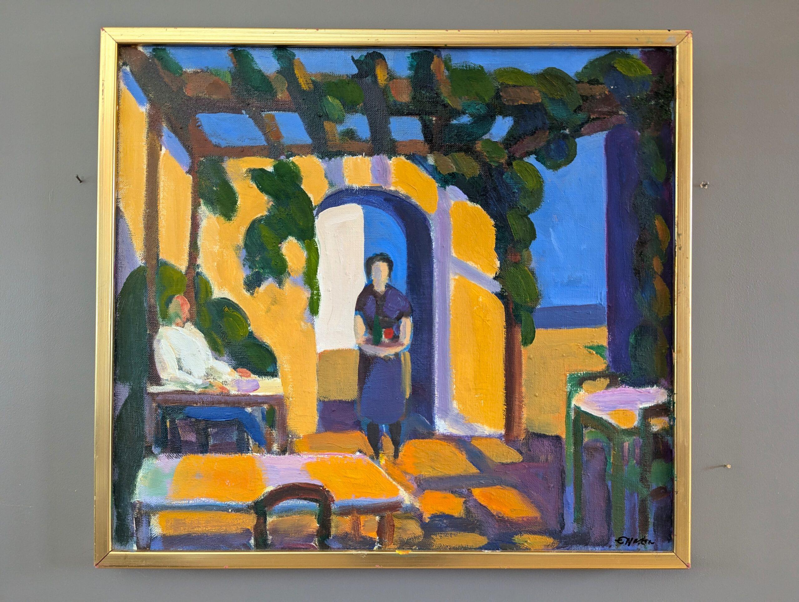 Vintage Mid-Century Modern Expressive Oil Painting - Sunlit Terrace - Gray Figurative Painting by Eric Elfvén