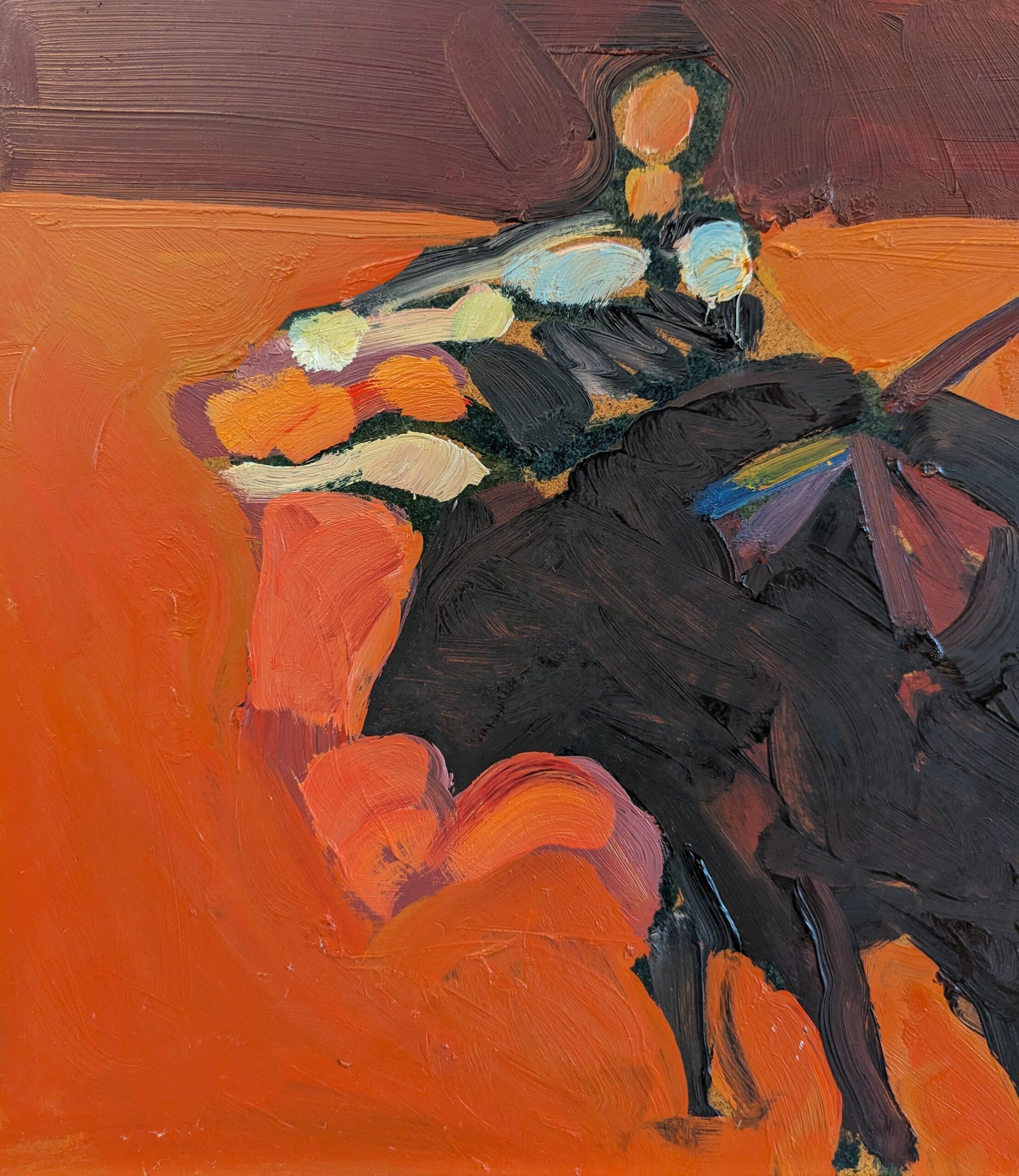 Peinture à l'huile semi-abstraite moderne du milieu du siècle dernier - Fiery 5