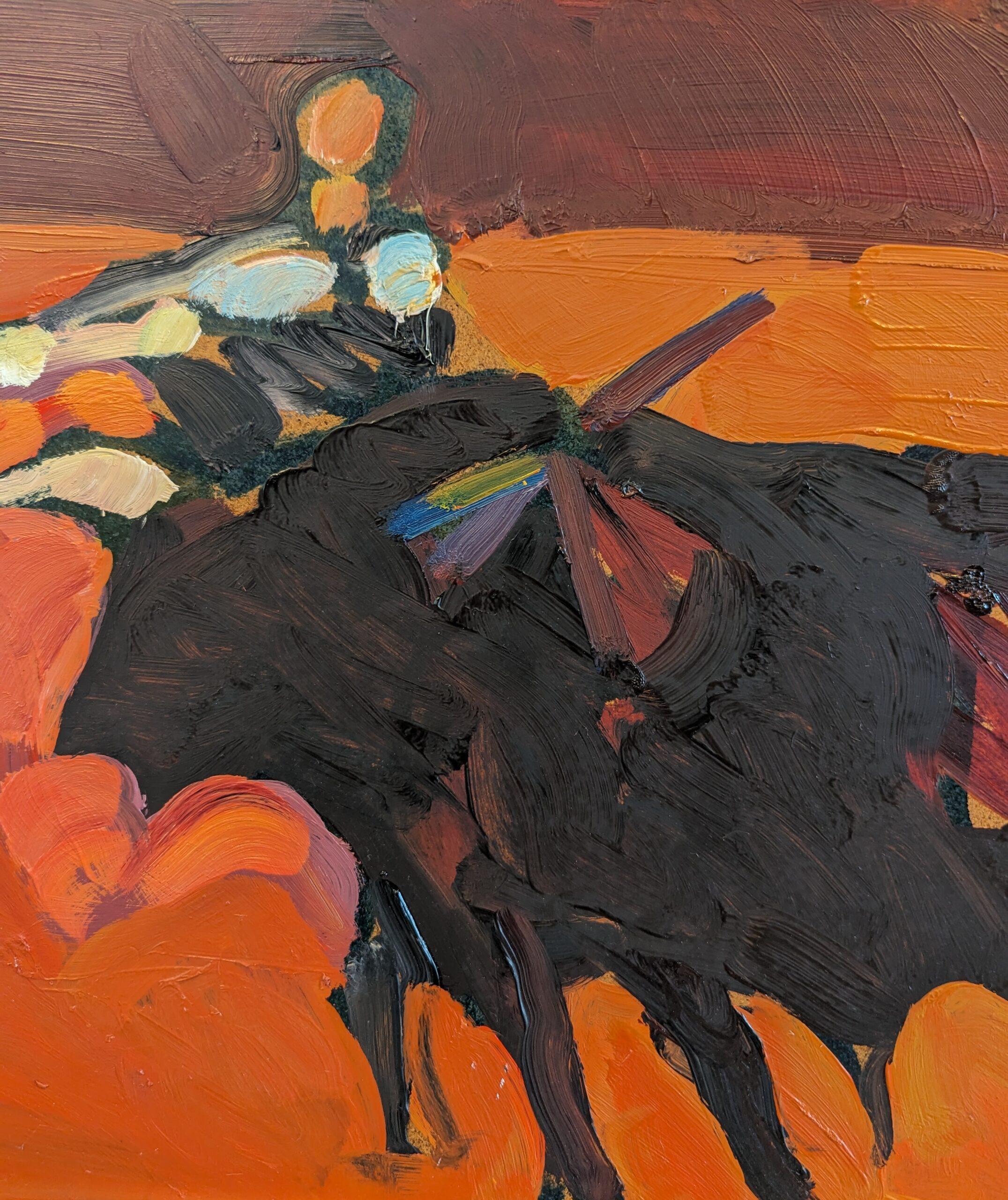 Peinture à l'huile semi-abstraite moderne du milieu du siècle dernier - Fiery 6