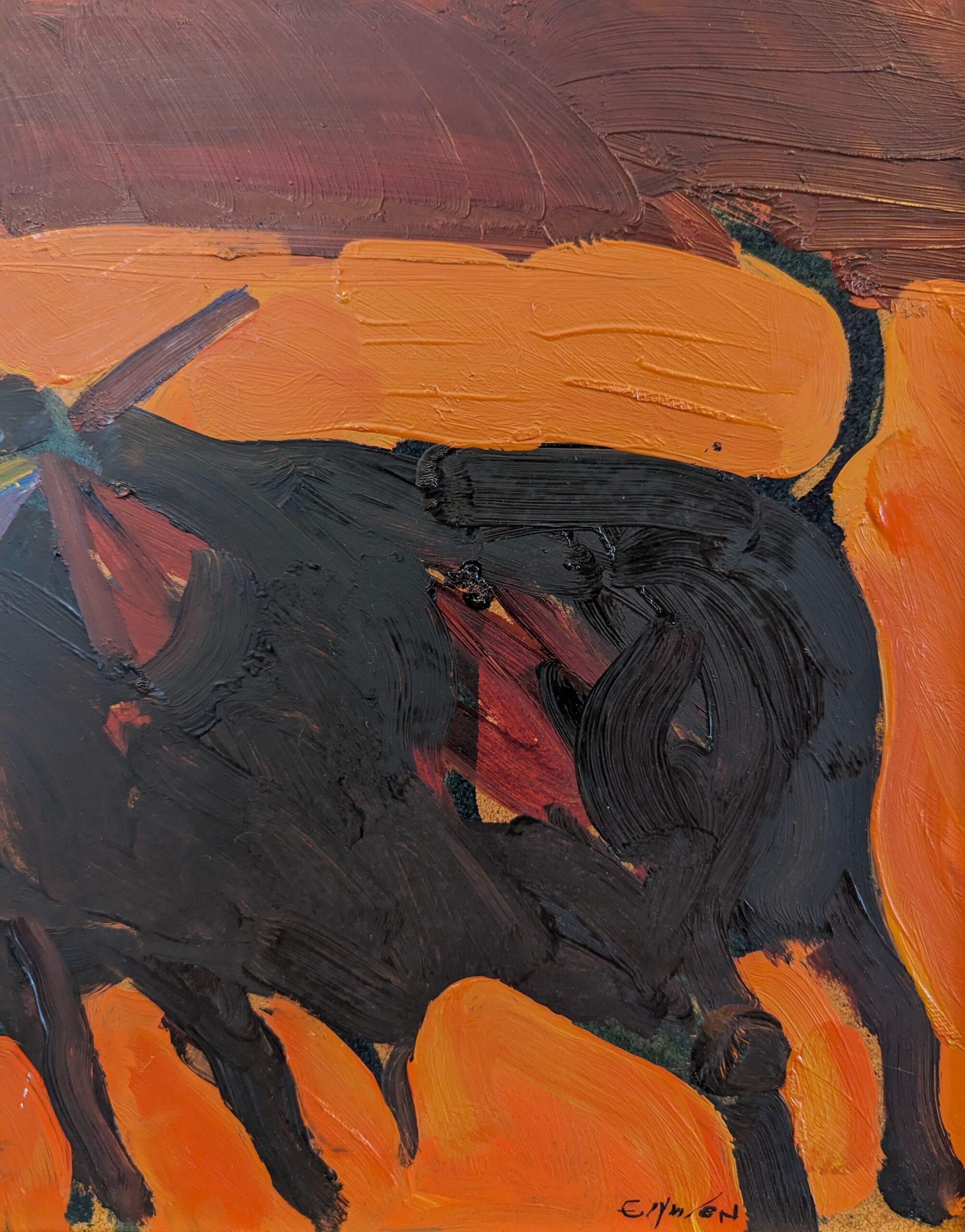Peinture à l'huile semi-abstraite moderne du milieu du siècle dernier - Fiery 7