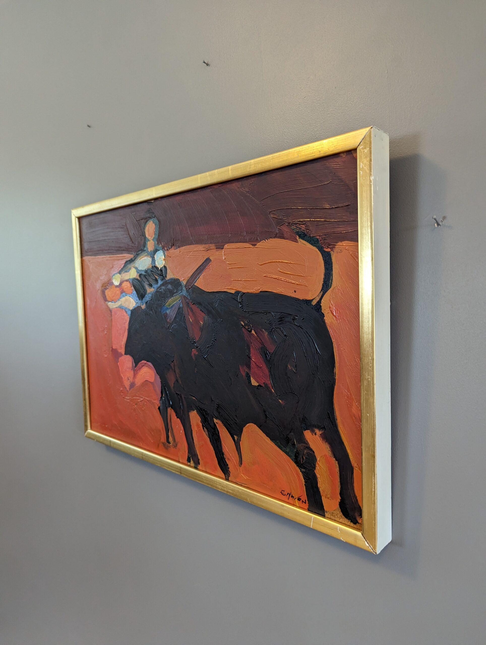 Peinture à l'huile semi-abstraite moderne du milieu du siècle dernier - Fiery - Marron Figurative Painting par Eric Elfvén