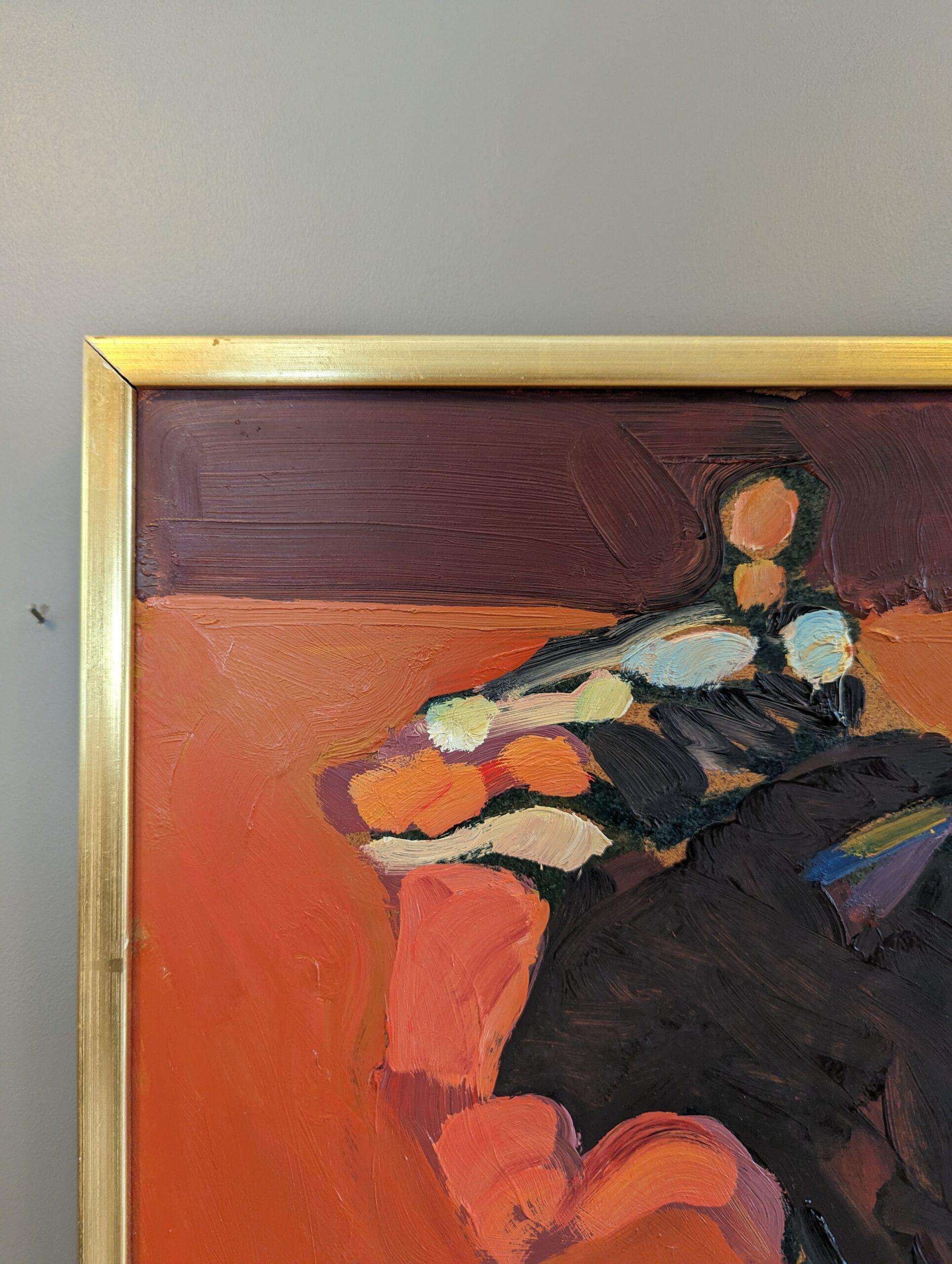 FIERTÉ
Dimensions : 33 x 46,5 cm (cadre compris)
Huile sur panneau

Une composition émotive et saisissante du milieu du siècle, exécutée à l'huile sur carton par l'artiste suédois reconnu Eric Elfvén (1921-2008), dont les œuvres ont été exposées