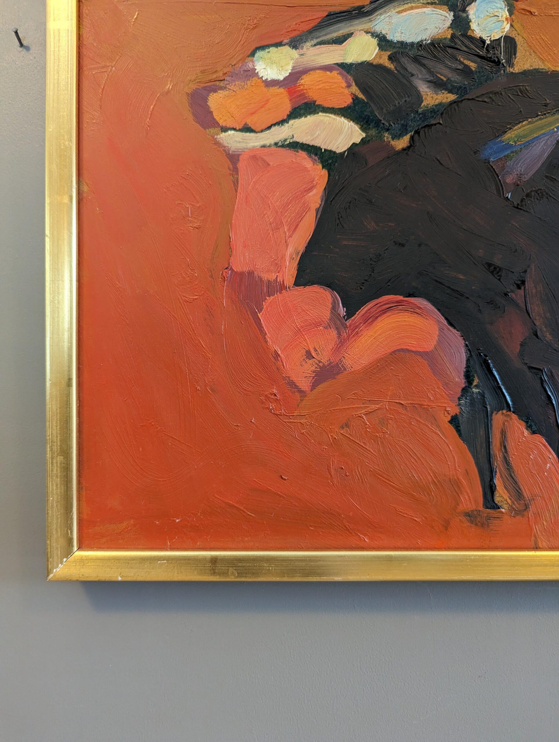 Peinture à l'huile semi-abstraite moderne du milieu du siècle dernier - Fiery 1