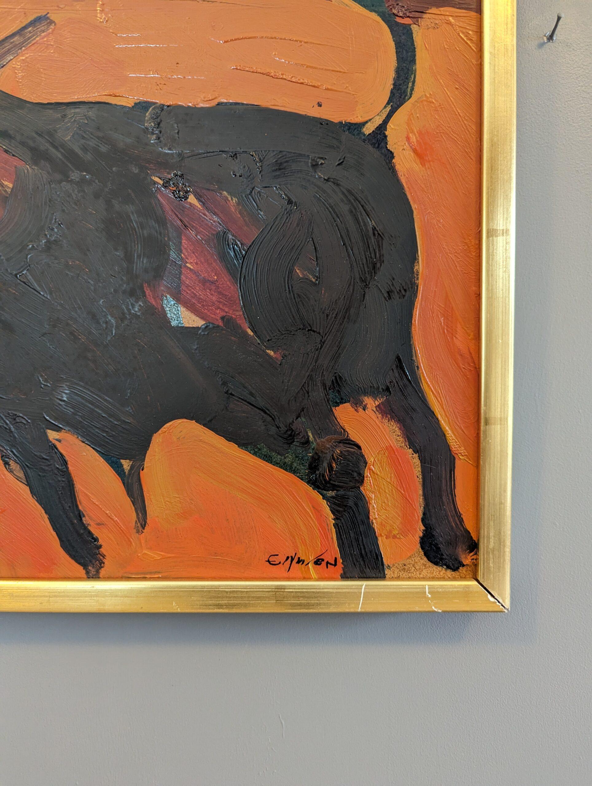 Peinture à l'huile semi-abstraite moderne du milieu du siècle dernier - Fiery 2