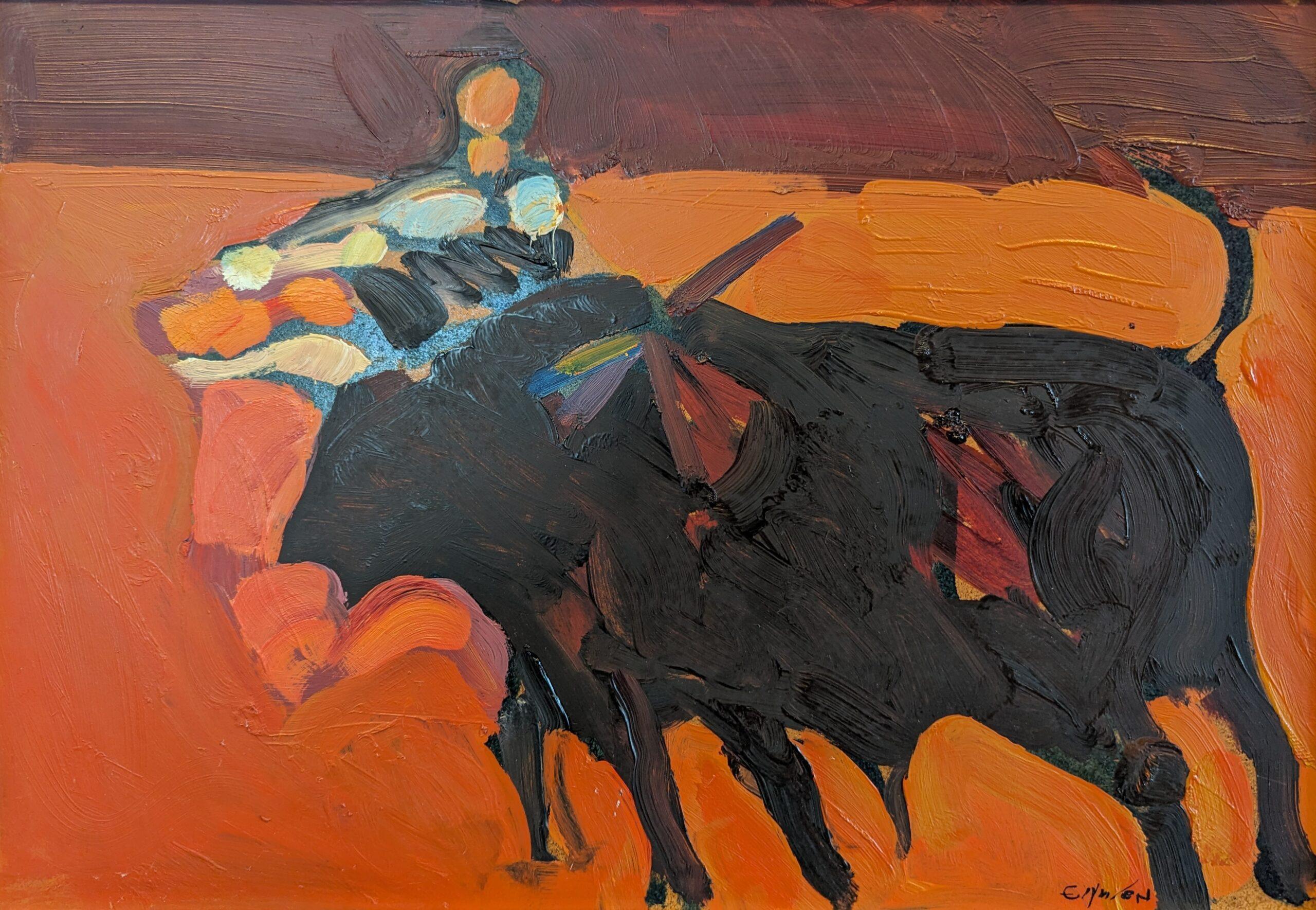 Peinture à l'huile semi-abstraite moderne du milieu du siècle dernier - Fiery 4