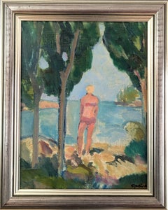 Vintage Mid-Century Modern Swedish Figurative Oil Painting - Serene Swim