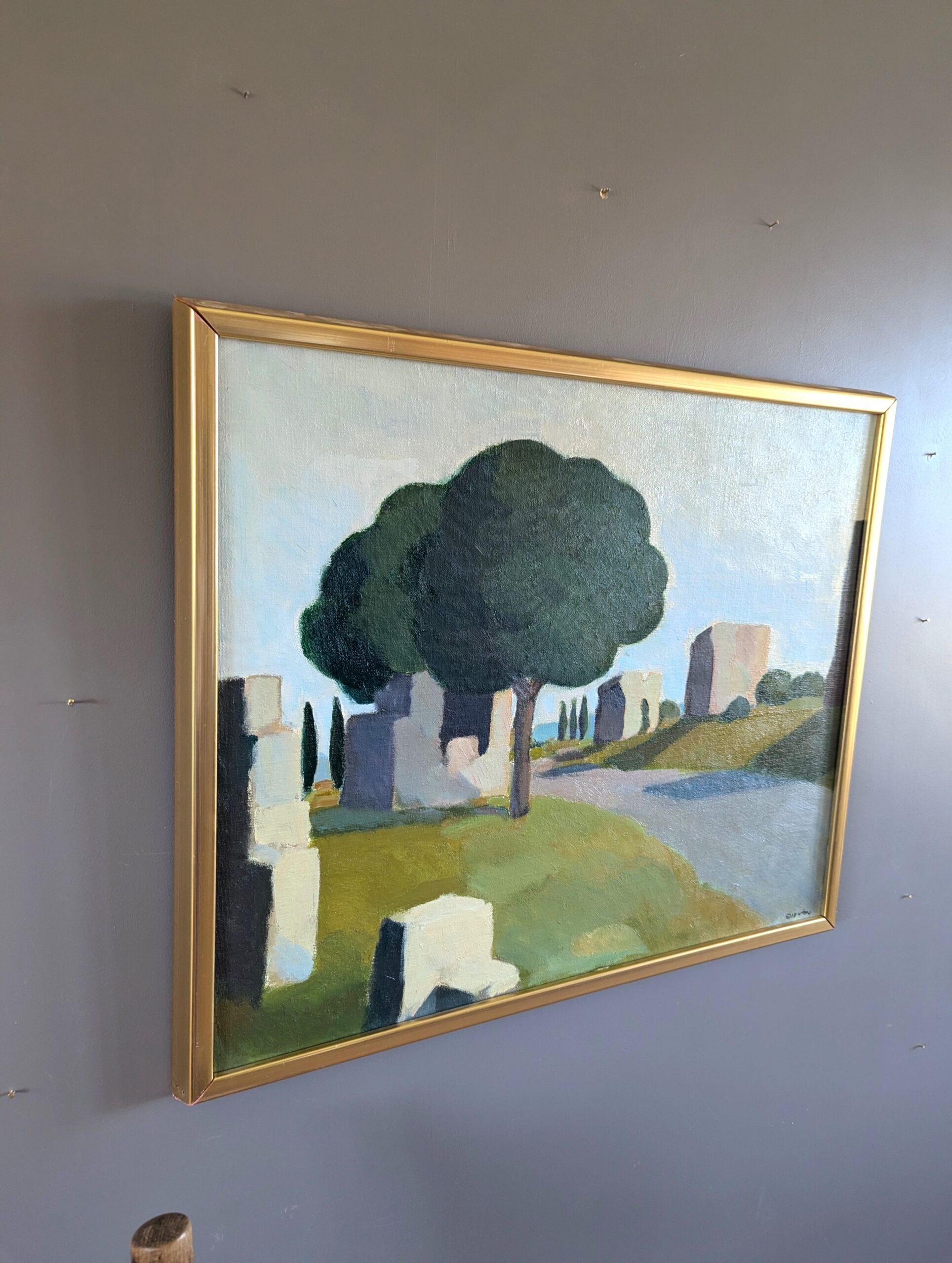 Pintura al óleo original sueca vintage de mediados de siglo sobre un paisaje - Via Appia - Landscape Painting Gris de Eric Elfvén