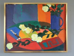 Vintage Mid Century Modern Swedish Still Life Oil Painting - White Roses
