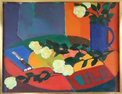Vintage Mid Century Modern Swedish Still Life Oil Painting - White Roses