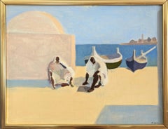 Vintage Mid-Century Modernist Coastal Landscape Oil Painting - Tunisian Coast