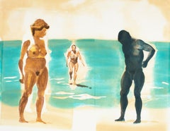 Beach scene, Beach: Eric Fischl Aquatint Etching of nude woman in the ocean