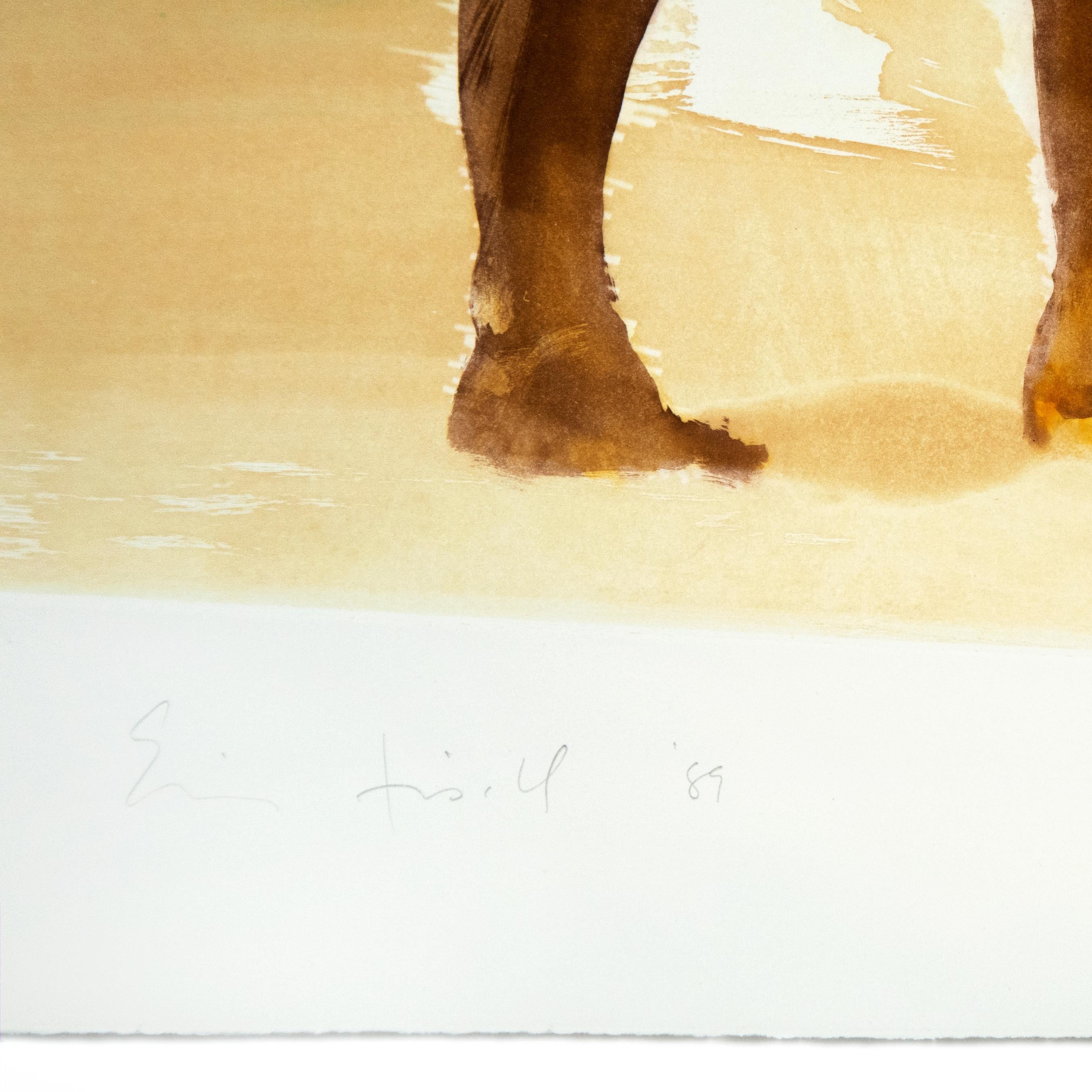 A turquoise ocean stretches to the horizon in this erotic Eric Fischl beach scene featuring three nude beachgoers.  A wash of translucent sandy beige duplicates the hazy light of a late summer day, softening the ambiguous sexual tension of this