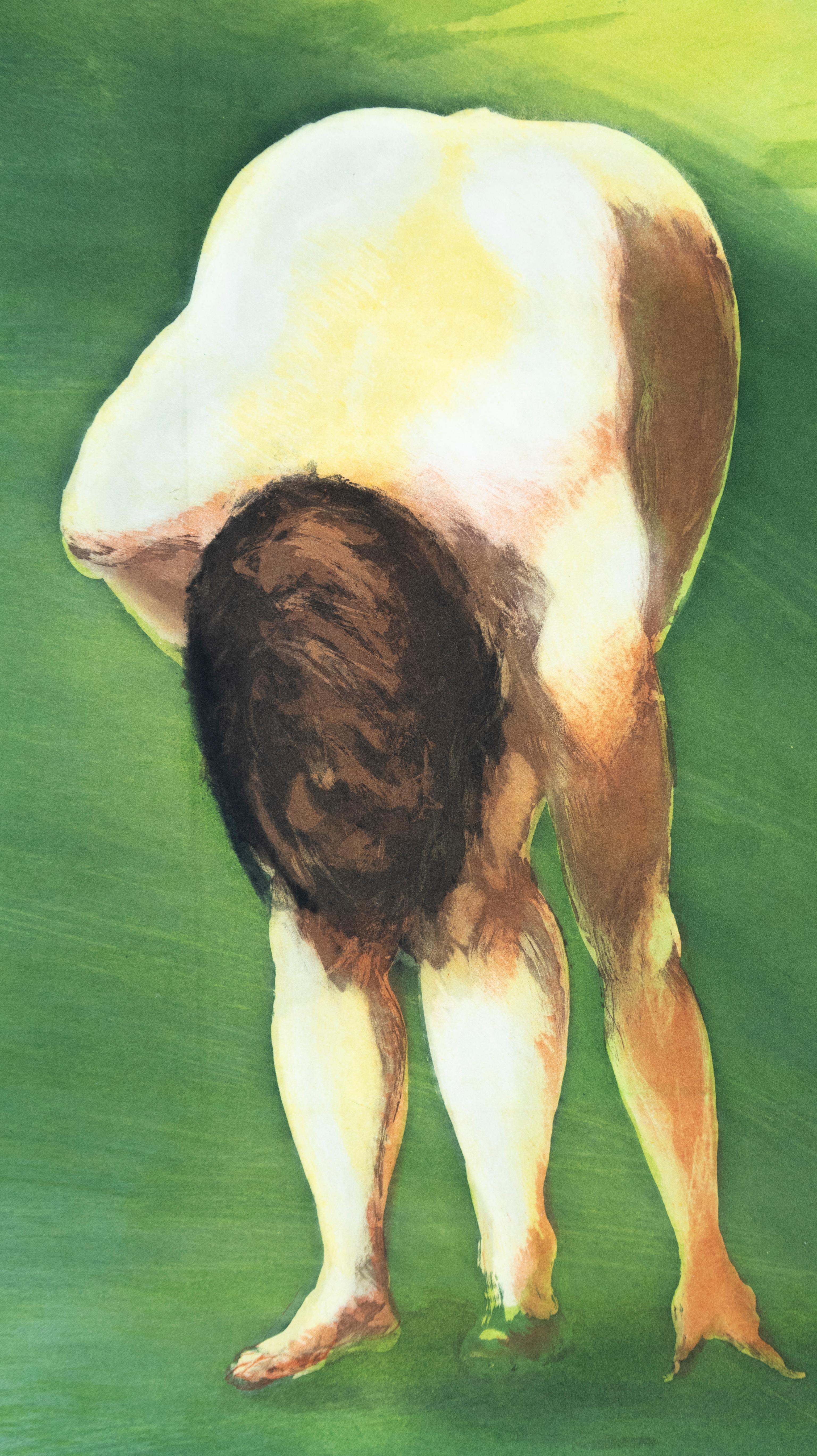 A nude figure bends down to touch the grass, which blooms across the composition in soft clouds of green. This idyllic landscape is one of four beach scenes by Eric Fischl. Behind the figure, a dog trots, idly regarding the youth.  Fischl creates
