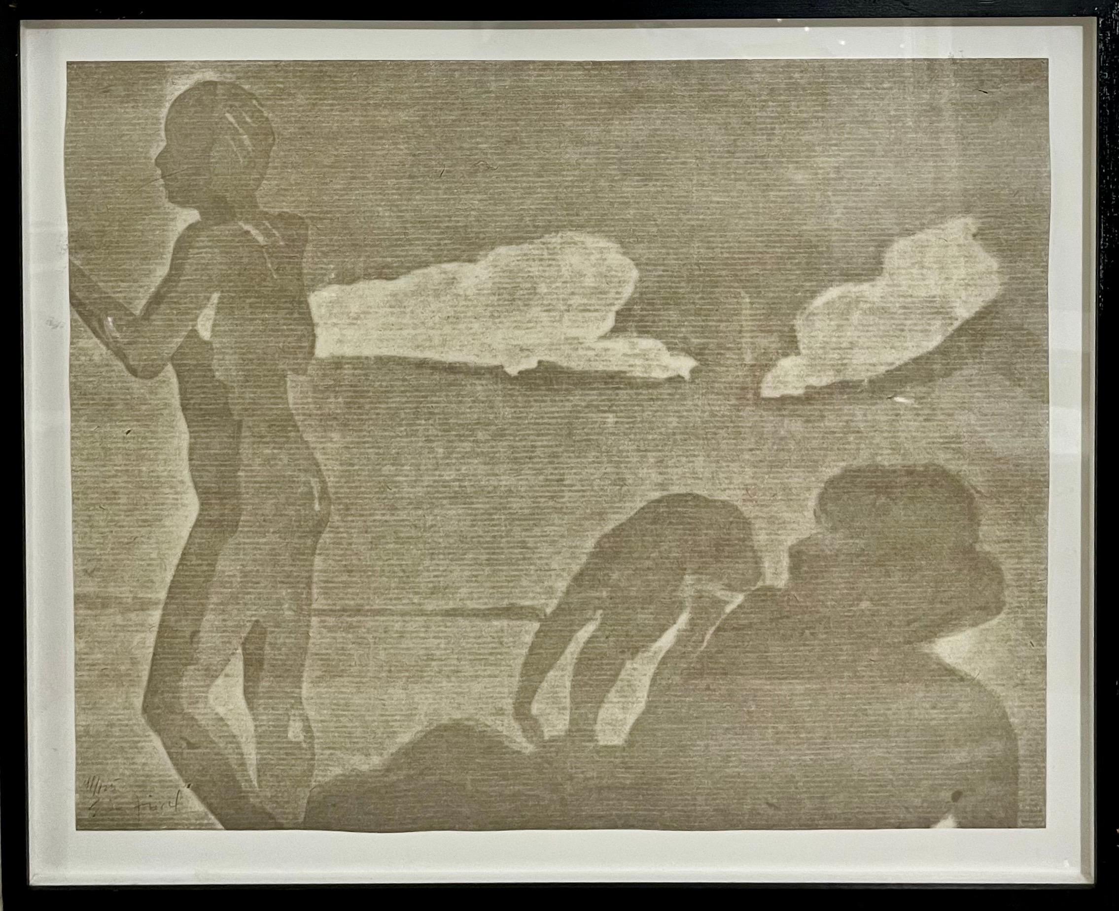 Eric Fischl (AMERICAN, Born 1948) 
Lithograph depicting figures on a beach., 1991
Hand signed in pencil to lower left and edition numbered 41/125. 
Mounted in a black painted wooden frame behind glass screen. 
Dimensions: Frame: 18.75 X 22.75,