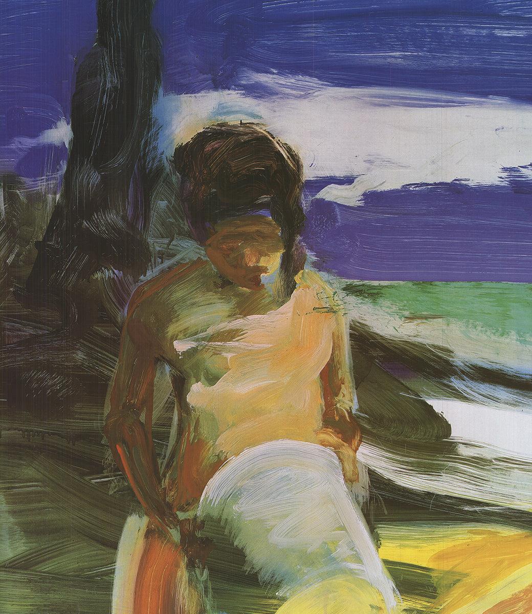 This evocative poster by Eric Fischl, created for the Whitney Museum, features a serene and introspective scene of two children playing in the sand on a sunlit beach. Fischl, known for his ability to capture the complexities of human experience,