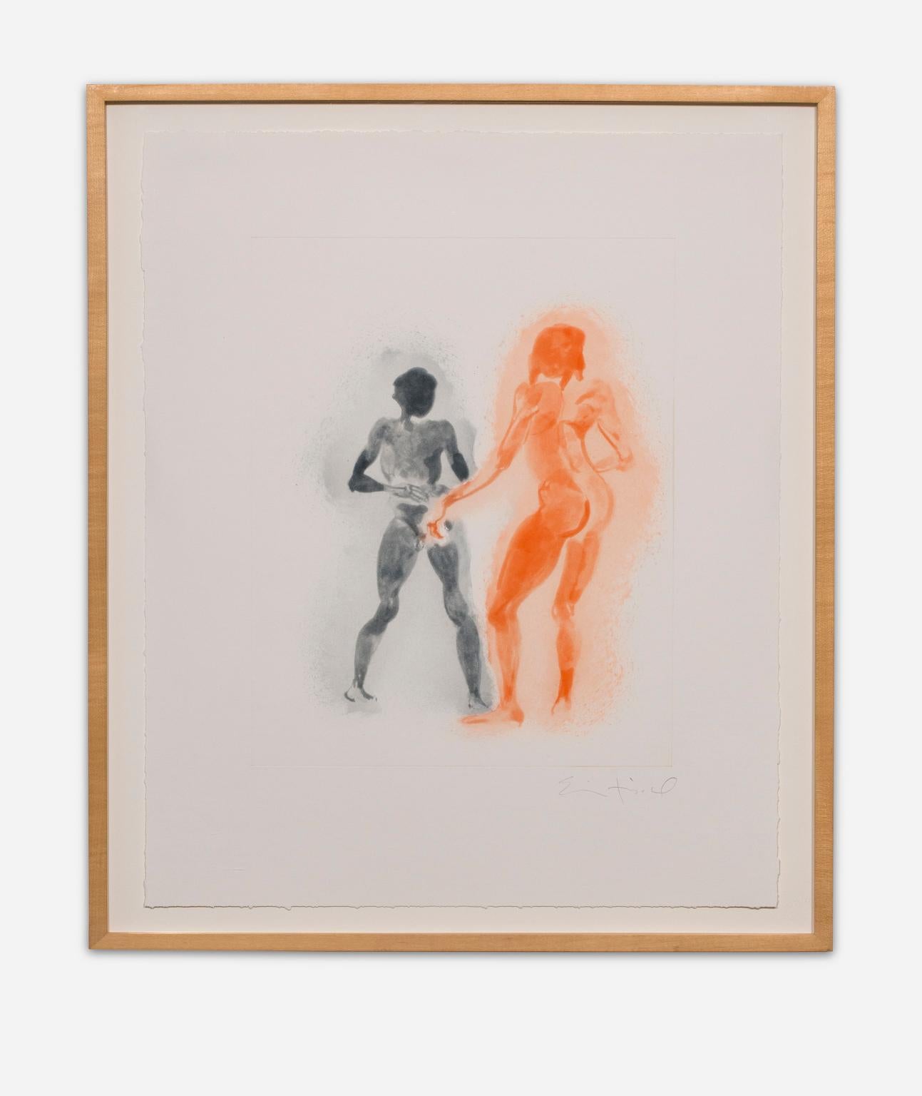Eric Fischl Figurative Print - "Untitled", Monoprint, Erotic Nude Figures, Black, Orange, Monoprint