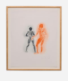 „“ Ohne Titel“, Monoprint, erotische nackte Figuren, Schwarz, Orange, Monoprint