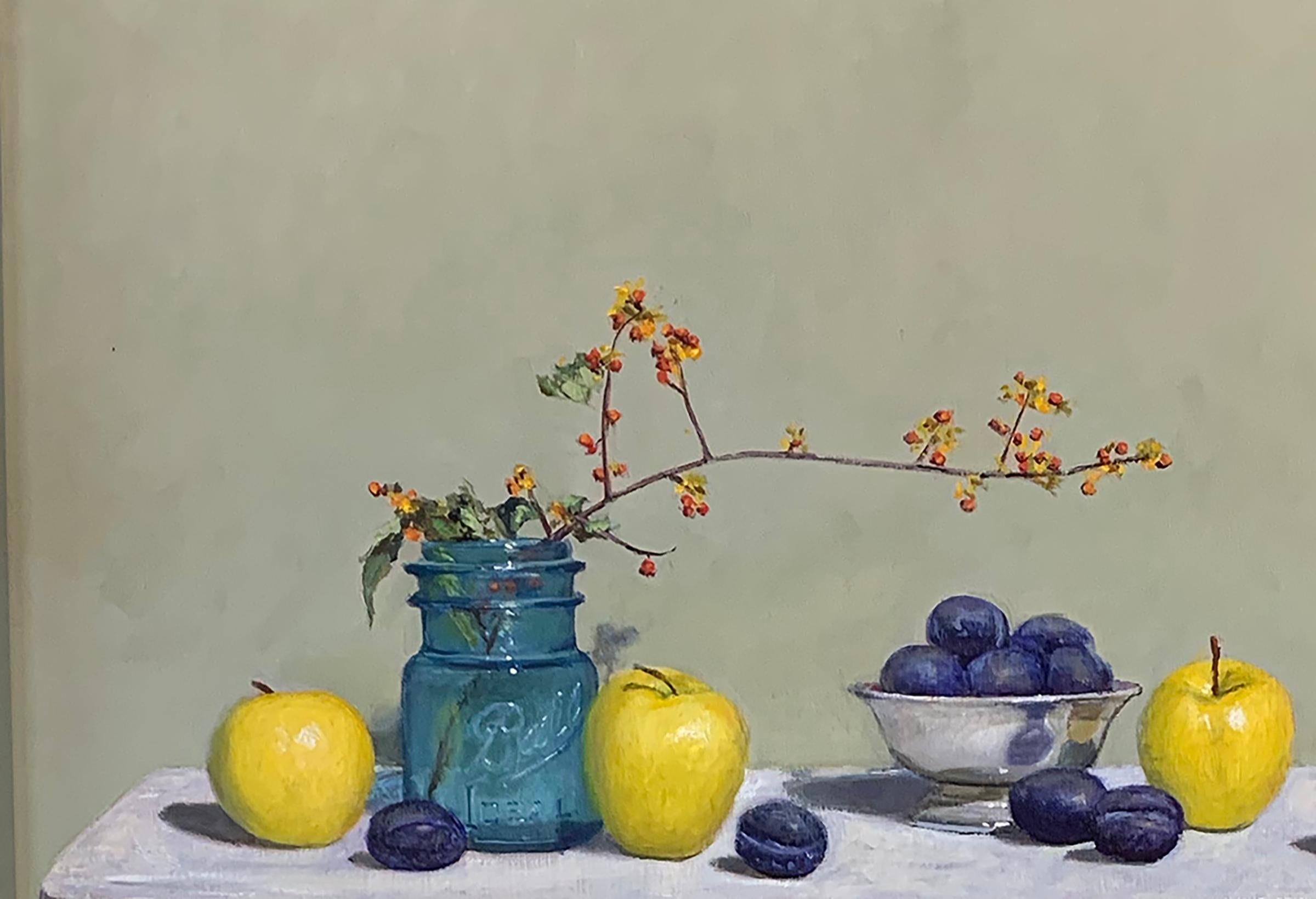 Still Life with Apples and Plums - Painting by Eric Forstmann