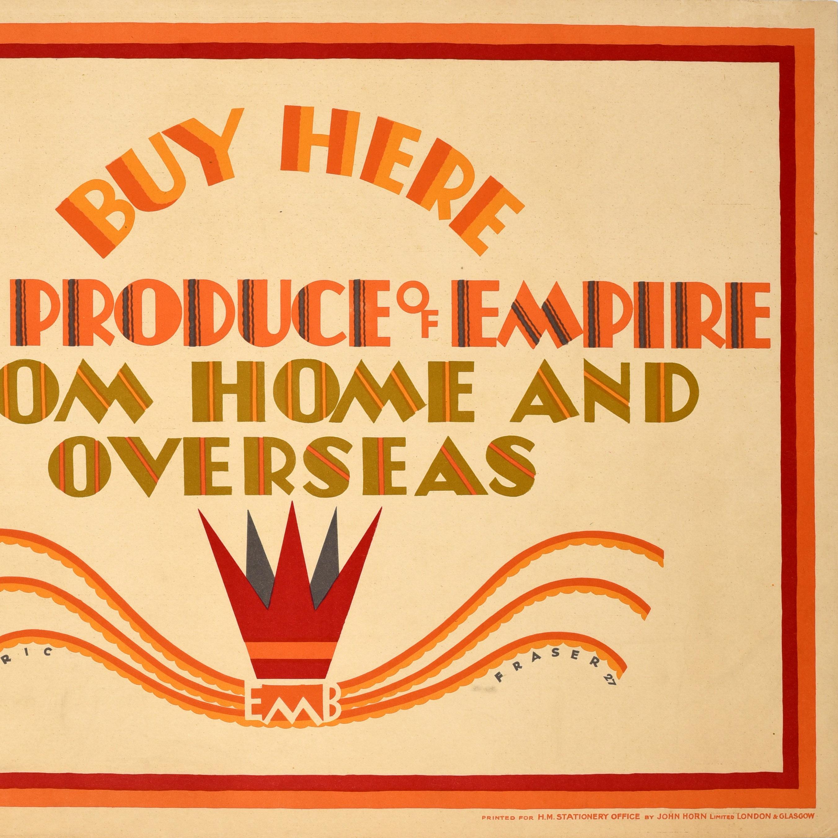 Originales Vintage-Werbeplakat, das vom Empire Marketing Board herausgegeben wurde, um die britischen Bürger zu ermutigen, ihre eigene Wirtschaft nach der Großen Depression in Amerika durch den Kauf britischer Waren zu unterstützen - Buy Here The